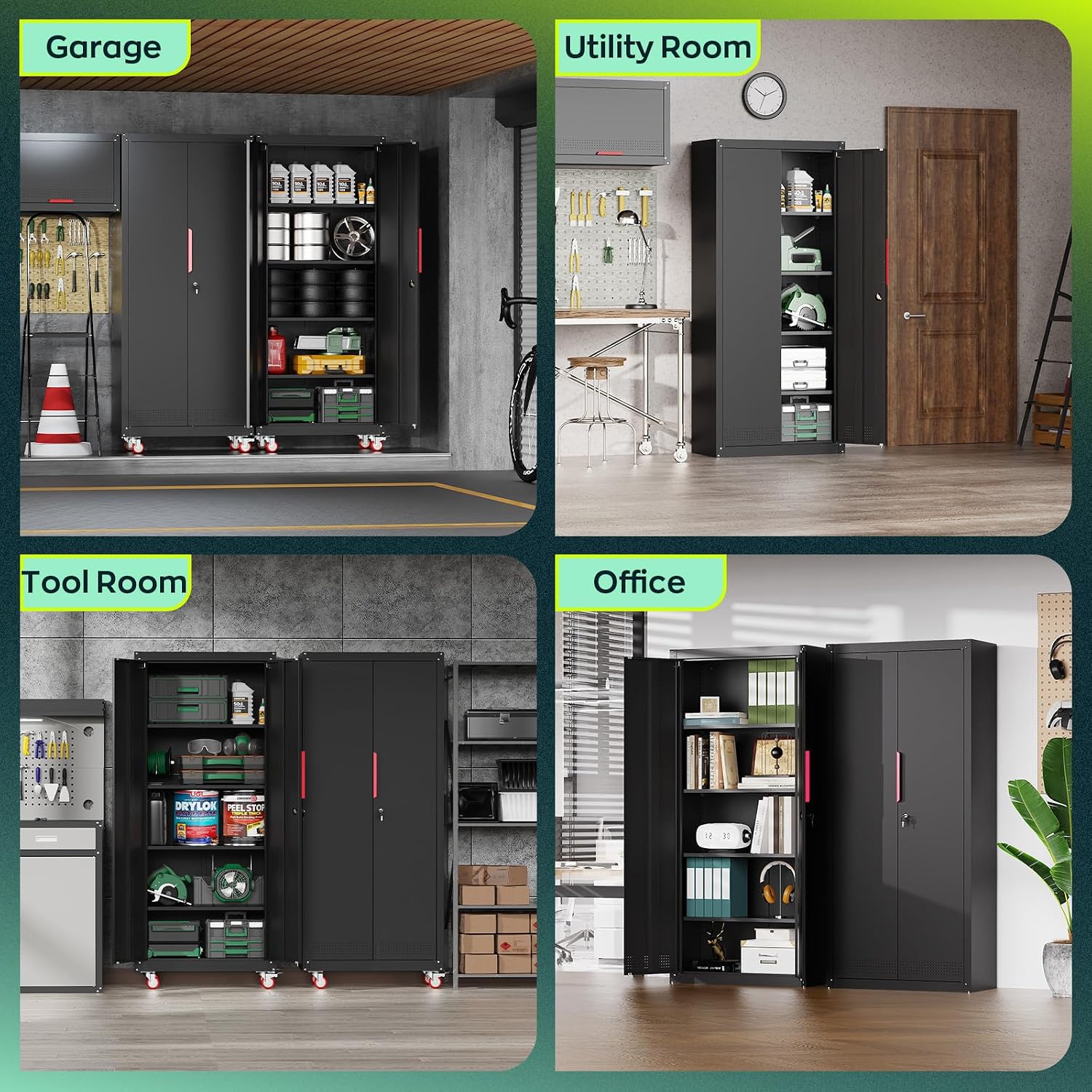 Kelueo 71' H Garage Storage Cabinet with Wheels,Metal Cabinets with 4 Adjustable Shelves and 2 Locking Doors for Garage,Home,Office,Shop,Black