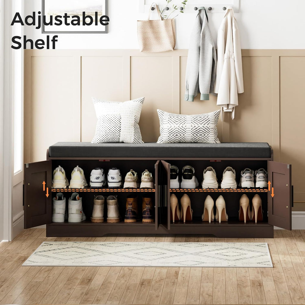 Homleke 2-Tier Storage Bench, Shoe Bench with Thickened Padded Seat Cushion, Entryway Bench with 4 Doors, Adjustable Shelf, 13.8' D x 45.3' W x 18.5' H, for Entryway, Living Room, Bedroom, Brown