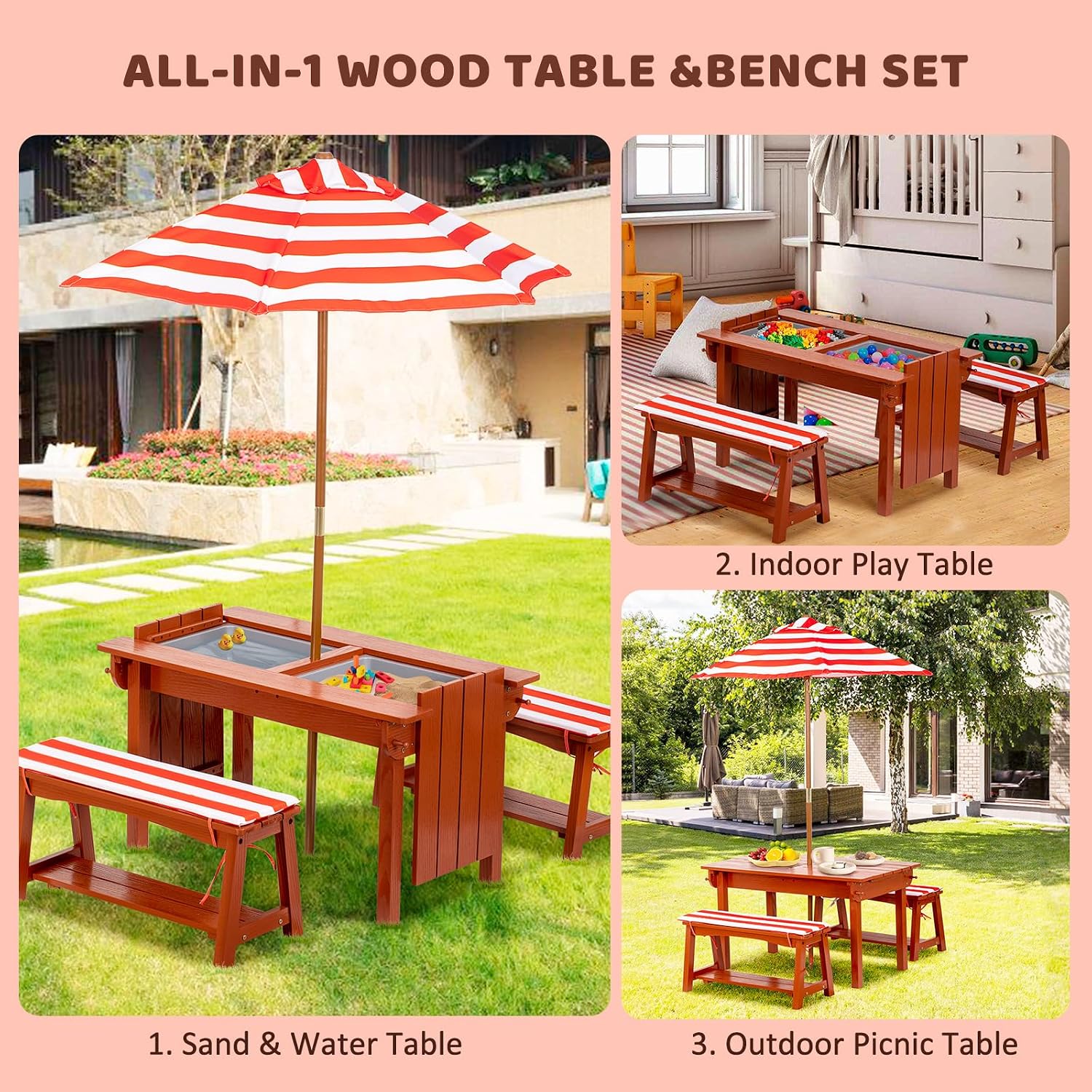 BRINJOY Kids Picnic Table with Umbrella, Outdoor Wooden Table & Bench Set w/Cushions & 2 Removable Boxes, 4-in-1 Children Sand and Water Table Activities Furniture for Patio, Garden, Indoor Outdoor
