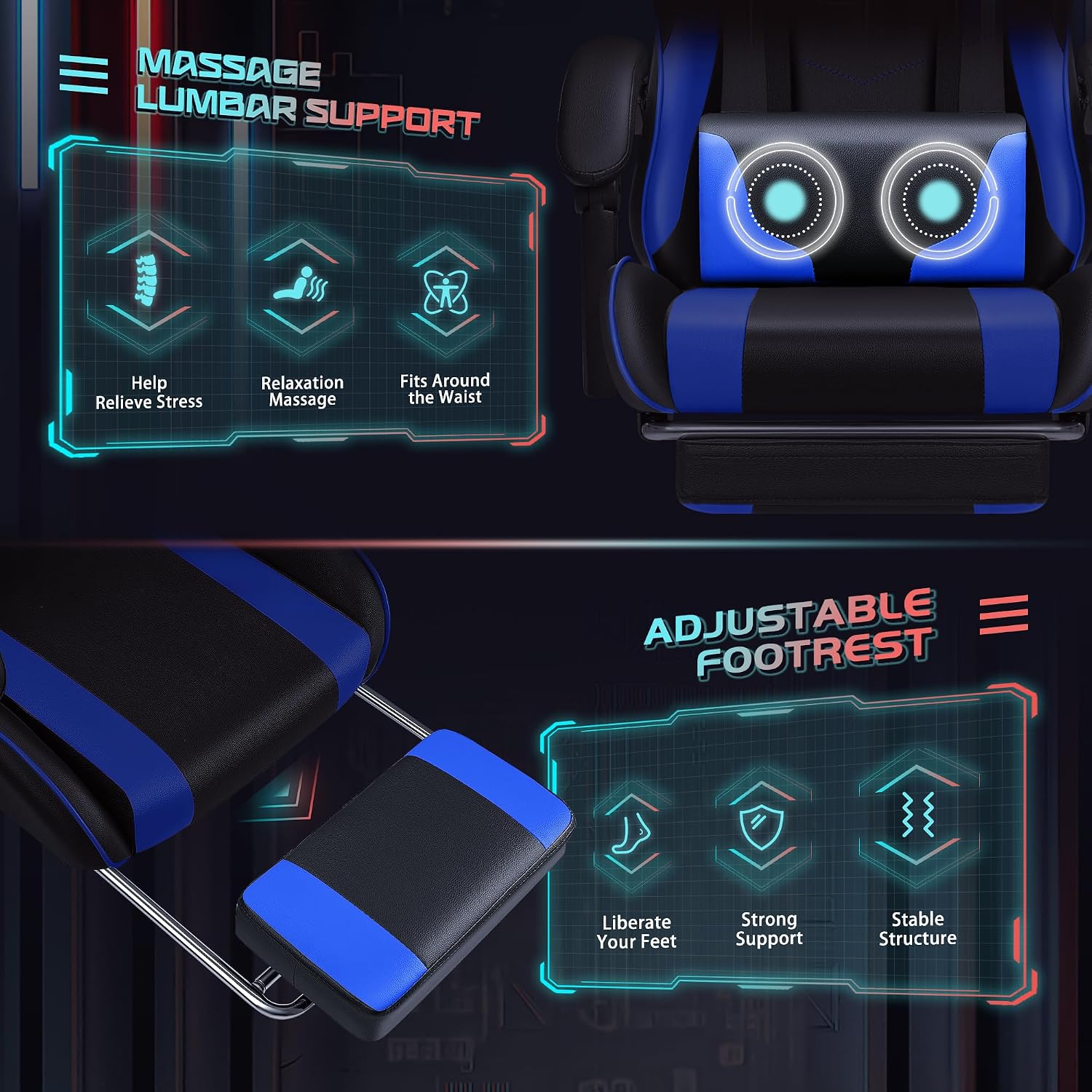 JUMMICO Gaming Chair Ergonomic Computer Chair with Footrest and Massage Lumbar Support, Height Adjustable Video Gaming Chair with 360° Swivel Seat and Headrest (Blue)