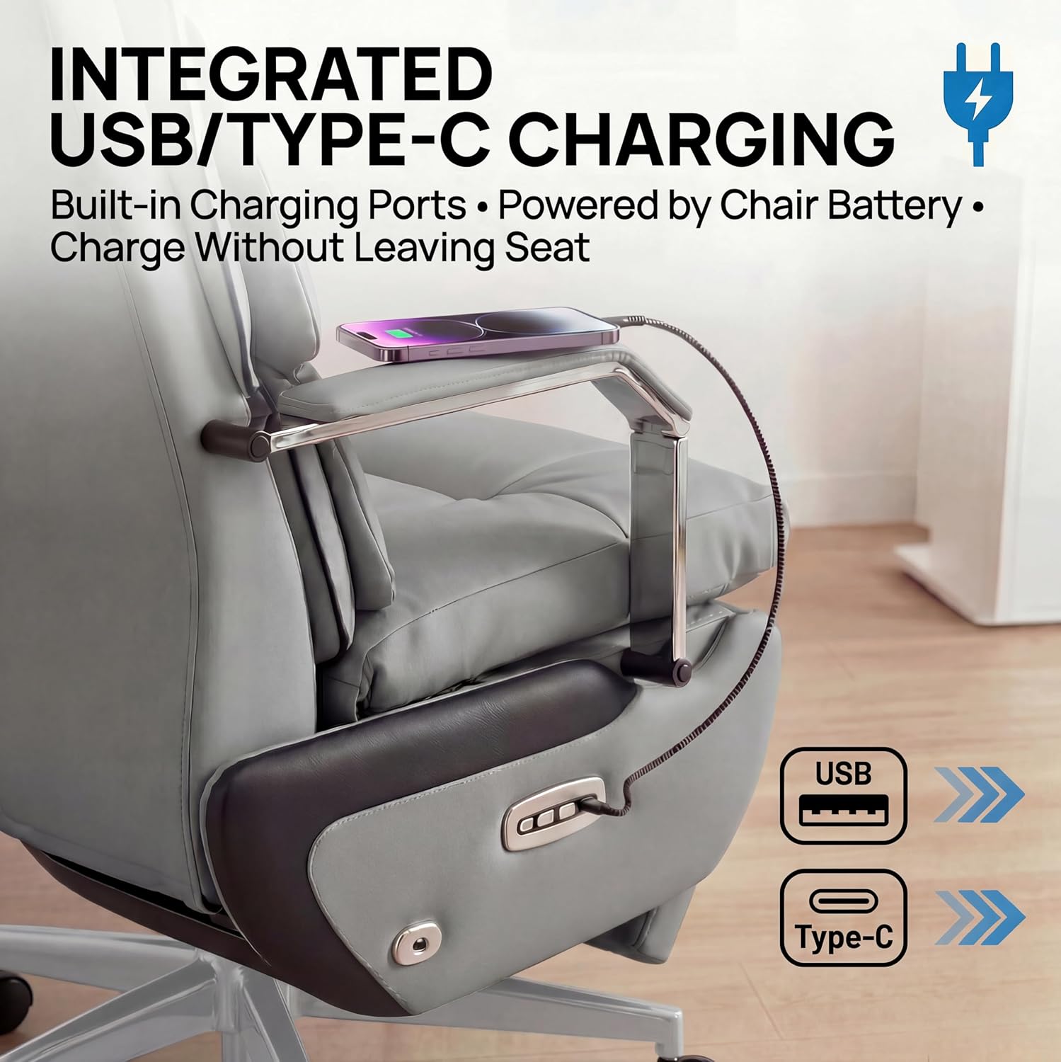 Dual Motor Executive Reclining Office Chair with Footrest – One-Click Electric Recline, Massage Lumbar Support & Pillow, Big and Tall PU Leather Ergonomic Desk Chair for Home Office(Gray)