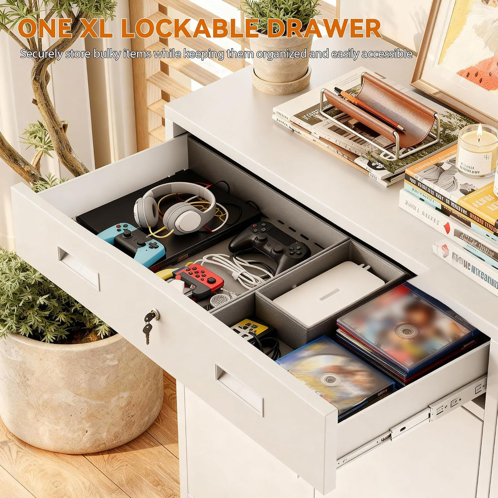 BESFUR Metal Garage Storage Cabinet with One Lockable Drawer 2 Locking Doors and an Adjustable Shelf, 36' White Metal Short Storage Cabinet for Home Office, Garage,School,Utility Room