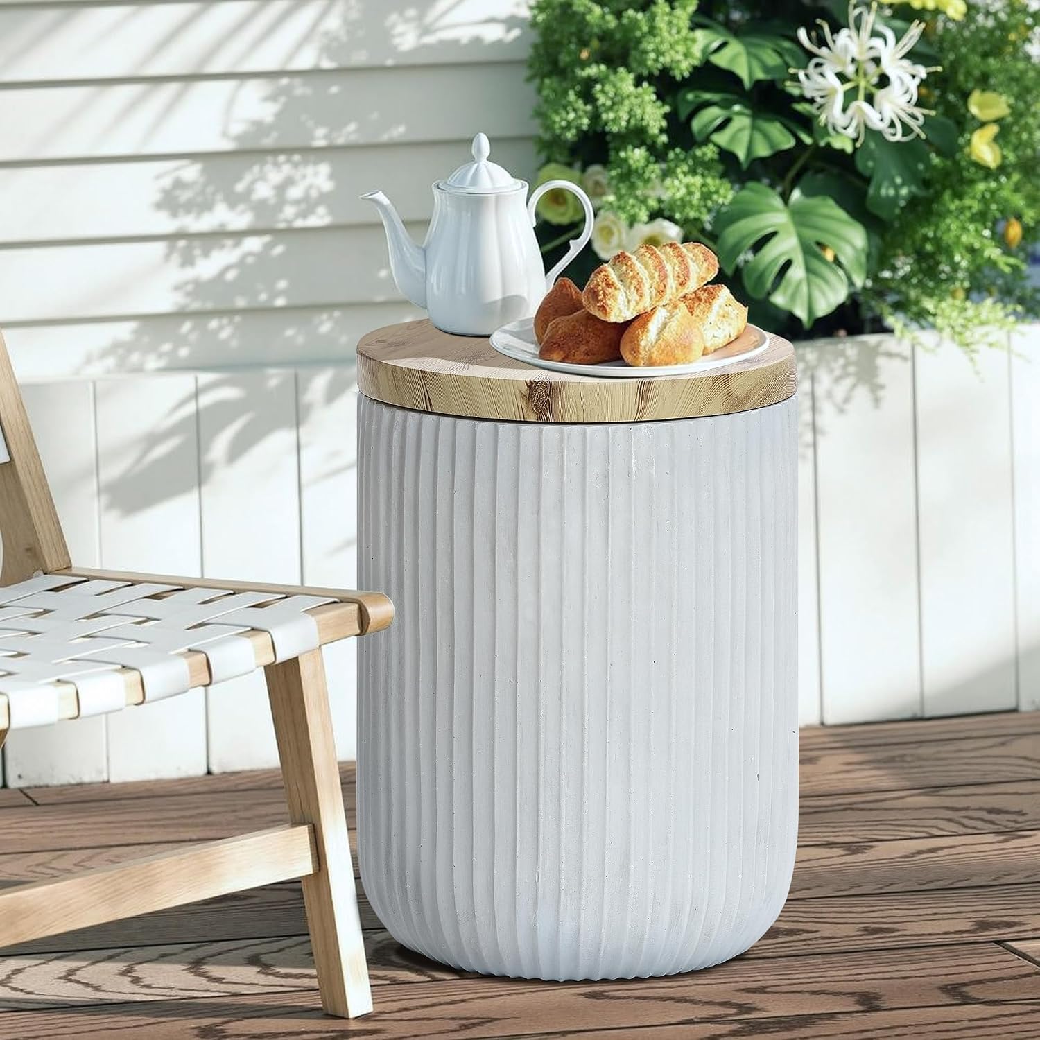 LuxenHome 18' Outdoor Side Table with Storage, Cement Patio End Table with Wood Finish Lid, Accent Table for Patio, Porch, Poolside, Backyard, Outside, Indoor, Garden Stool, Drum, Plant Stand