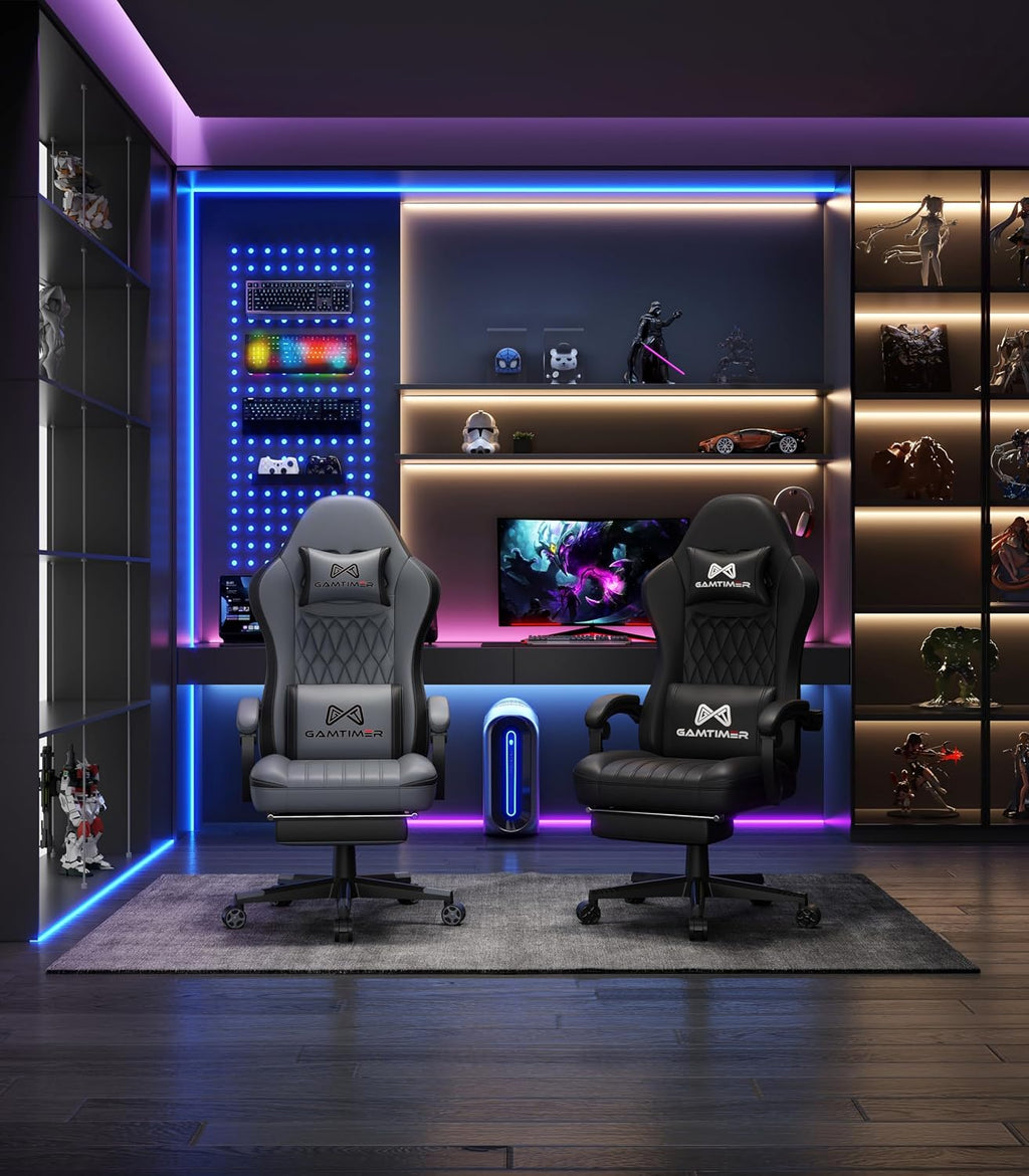 Gamtimer Gaming Chair with Footrest, Ergonomic Computer Chair, PU Breathable Material with Headrest and Lumbar Support, Suitable for Silla Gamer and Adults（Grey）