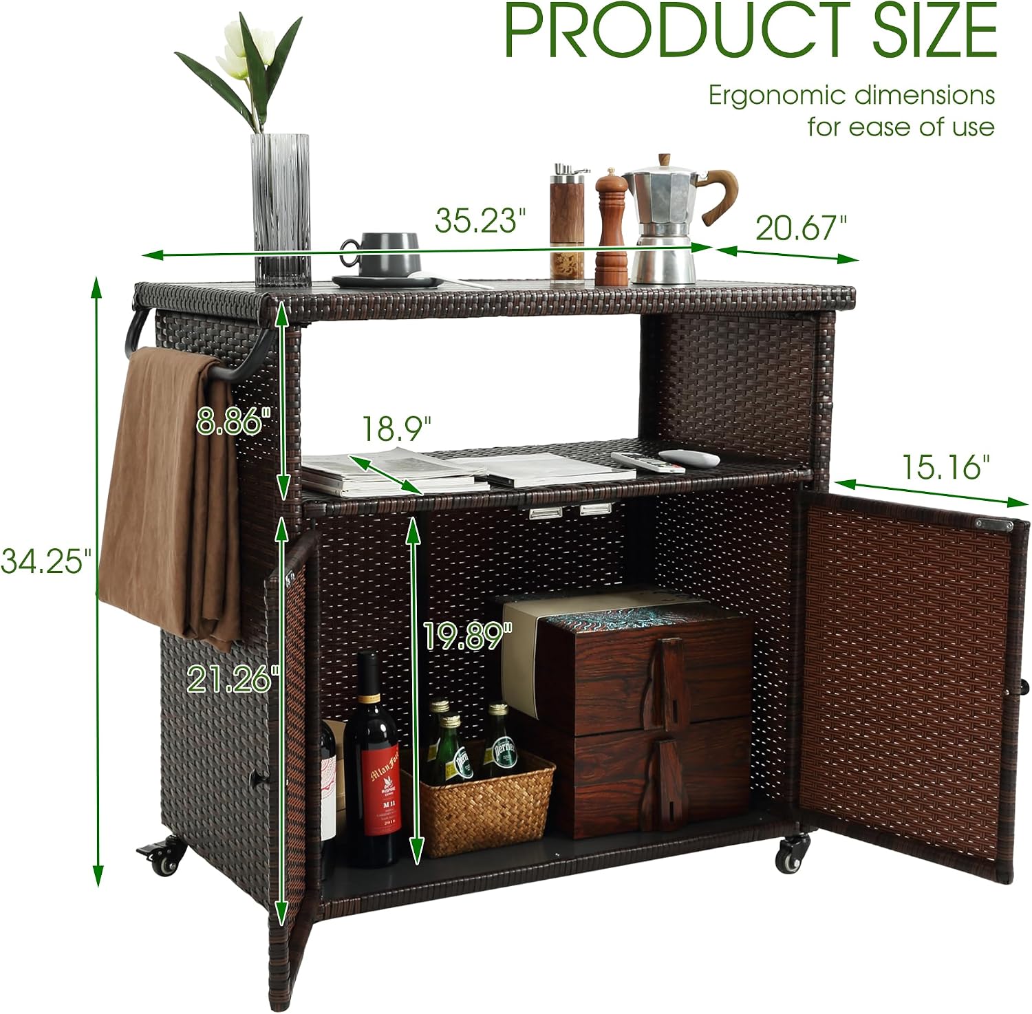 HOMEFUN Outdoor Bar Cart with Storage Cabinet - Outside Bar Table with Wheels Wicker Grill Carts Patio Kitchen Island Table Weatherproof Prep Stand, Brown