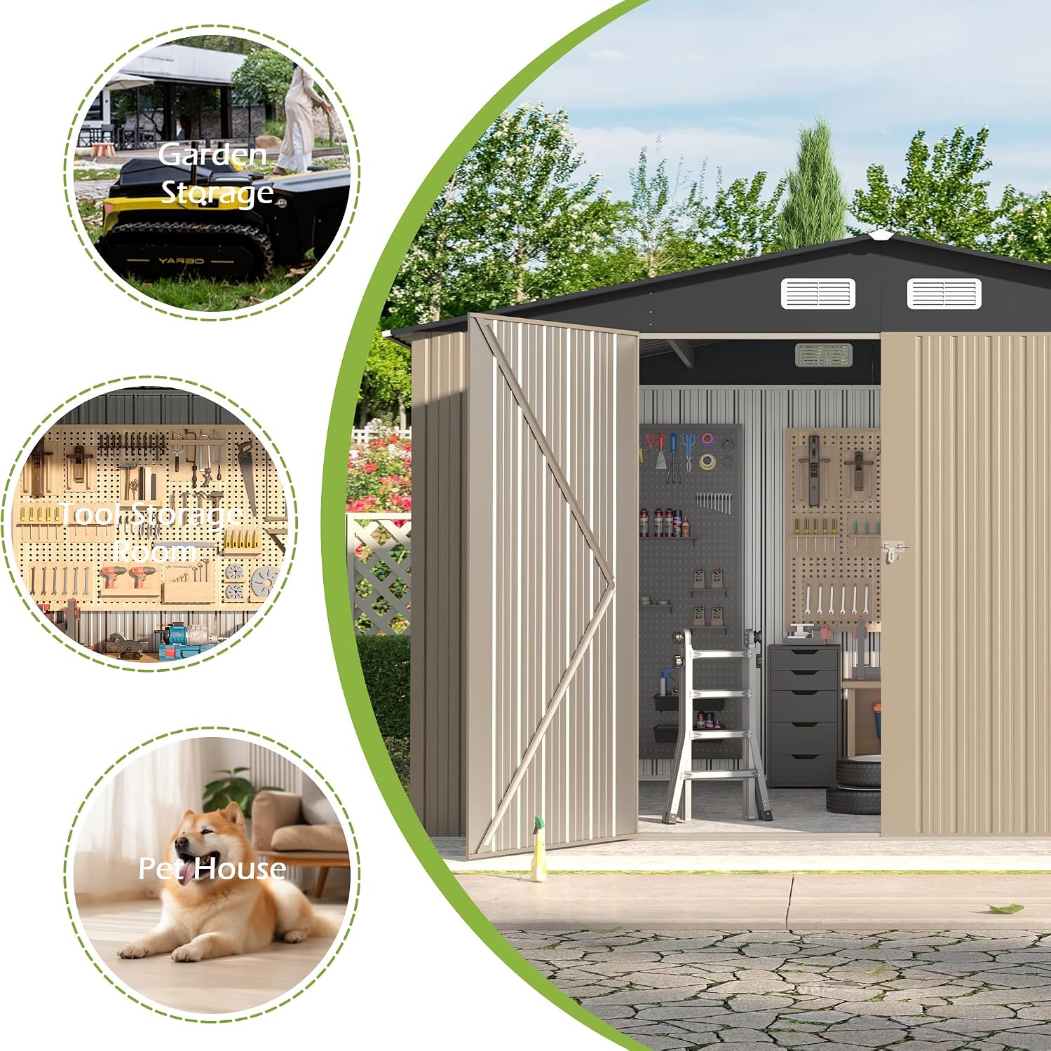 8×10 FT Metal Tool Storage Shed with Window, Weather Resistant Outdoor Storage Shed with Lockable Double Doors for Backyard, Patio Lawn, Garden