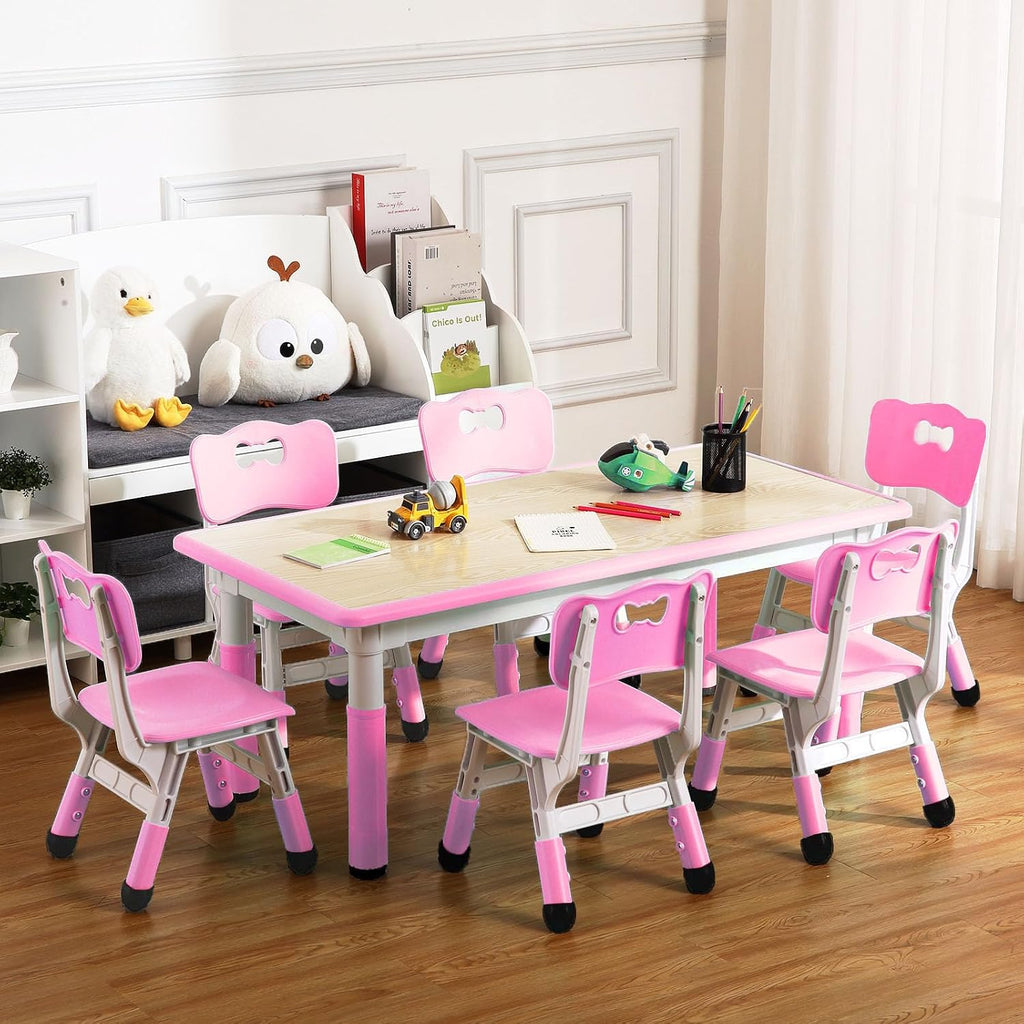 Kids Table and Chair Set, Height Adjustable Toddler Arts & Crafts Table and 6 Chair Set for Ages 2-10,Max 300lbs Kids Activity Art Table for Classroom Daycares,Home