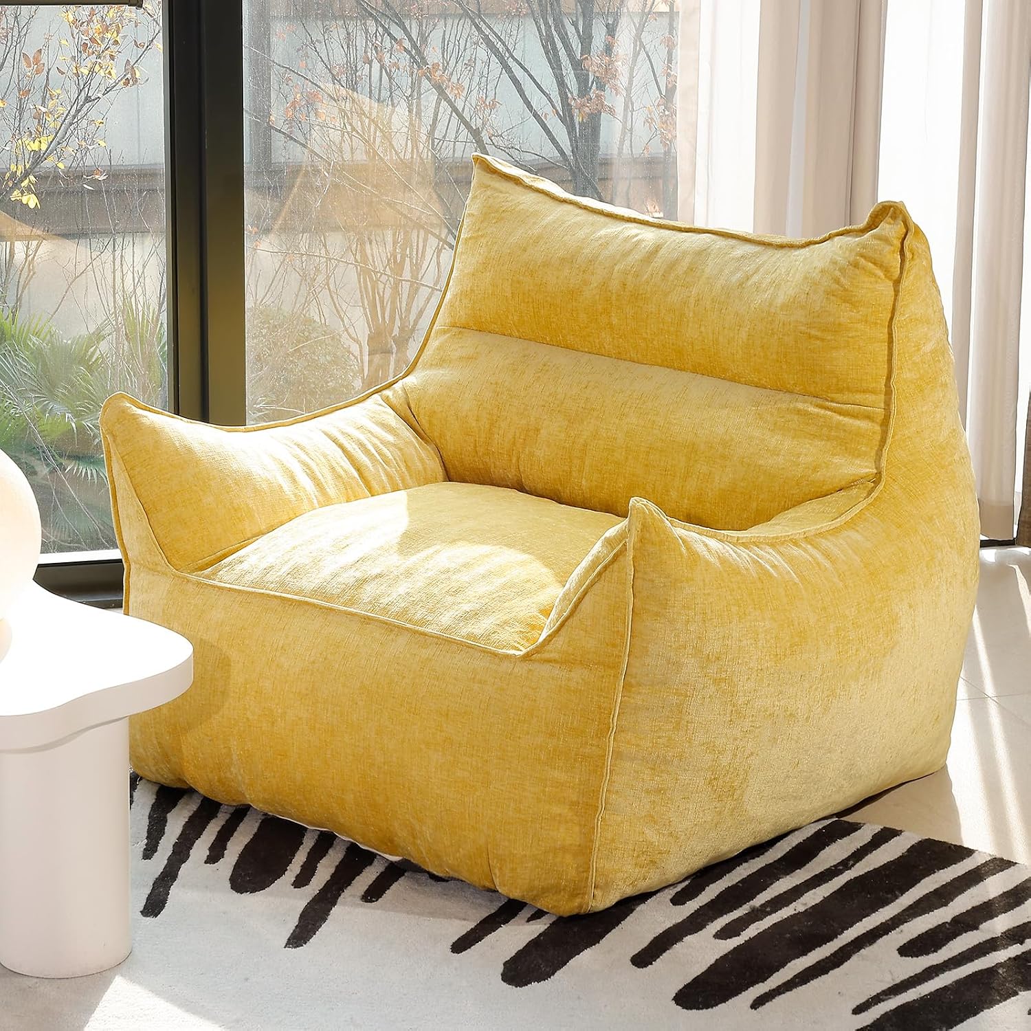 Oversized Fluffy Bean Bag Chair for Adults – Giant Cozy Bean Bag Sofa Chair with Armrests, Handle & Non-Slip Base for Your Reading Nook, Bedroom or Living Room(Yellow-XL)