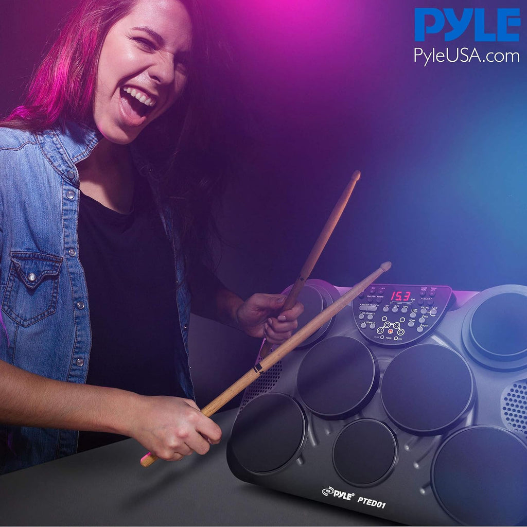 Pyle Electronic Tabletop Digital Drum Set, Compact Portable Drum Pad Kit w/ 8 Touch Sensitive Pads and Pedals, 600 Sounds, USB & Headphone Outputs, MIDI/AUX Inputs, 4x5' Drums & 4x3.5' Cymbals