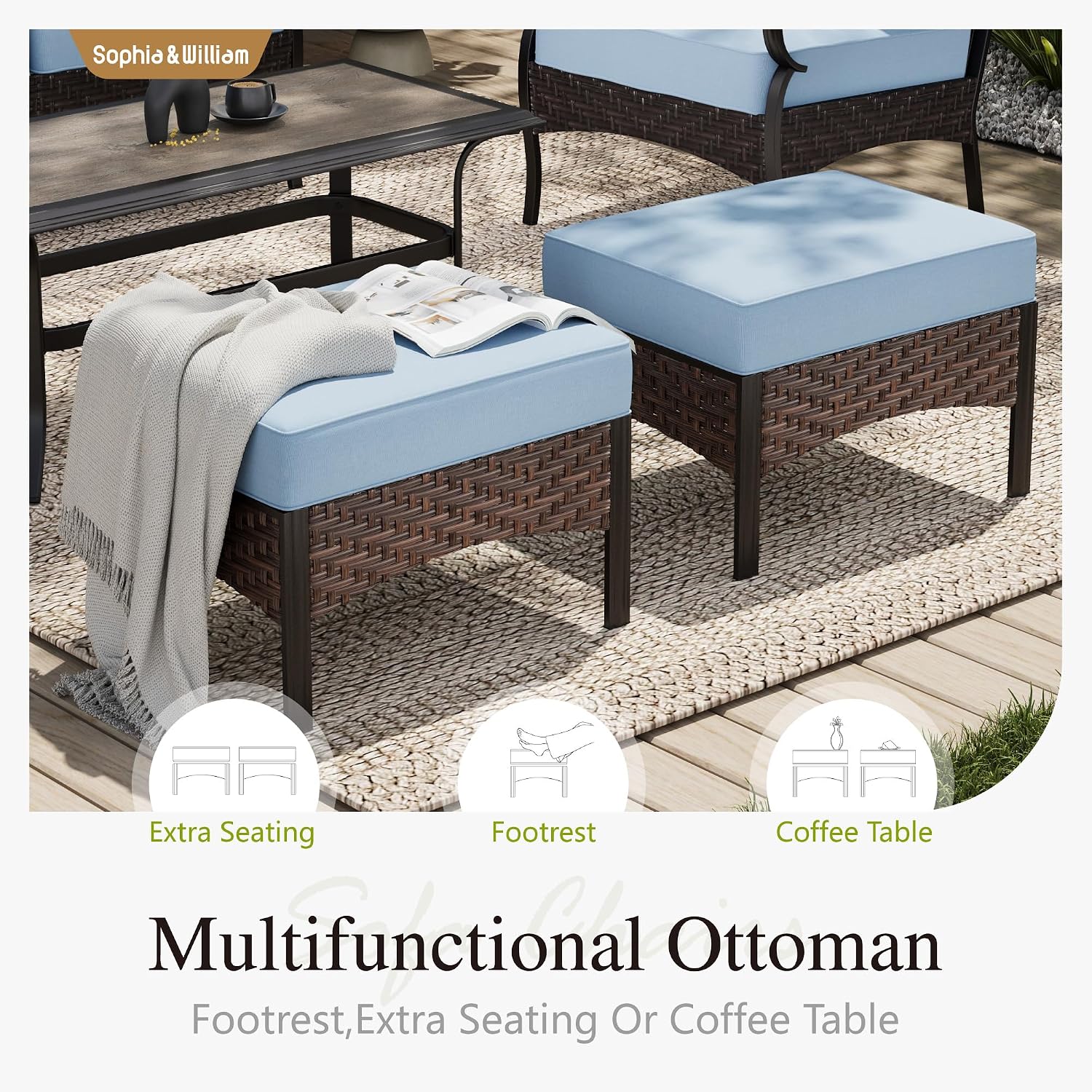 Sophia & William Patio Furniture Set with 56' Fire Pit Table, Metal Outdoor Conversation Set Patio Sectional with 3-Seater Sofas, 2 Fixed Chairs, 2 Ottomans, 1 Firepit Table for Porch Deck, Blue