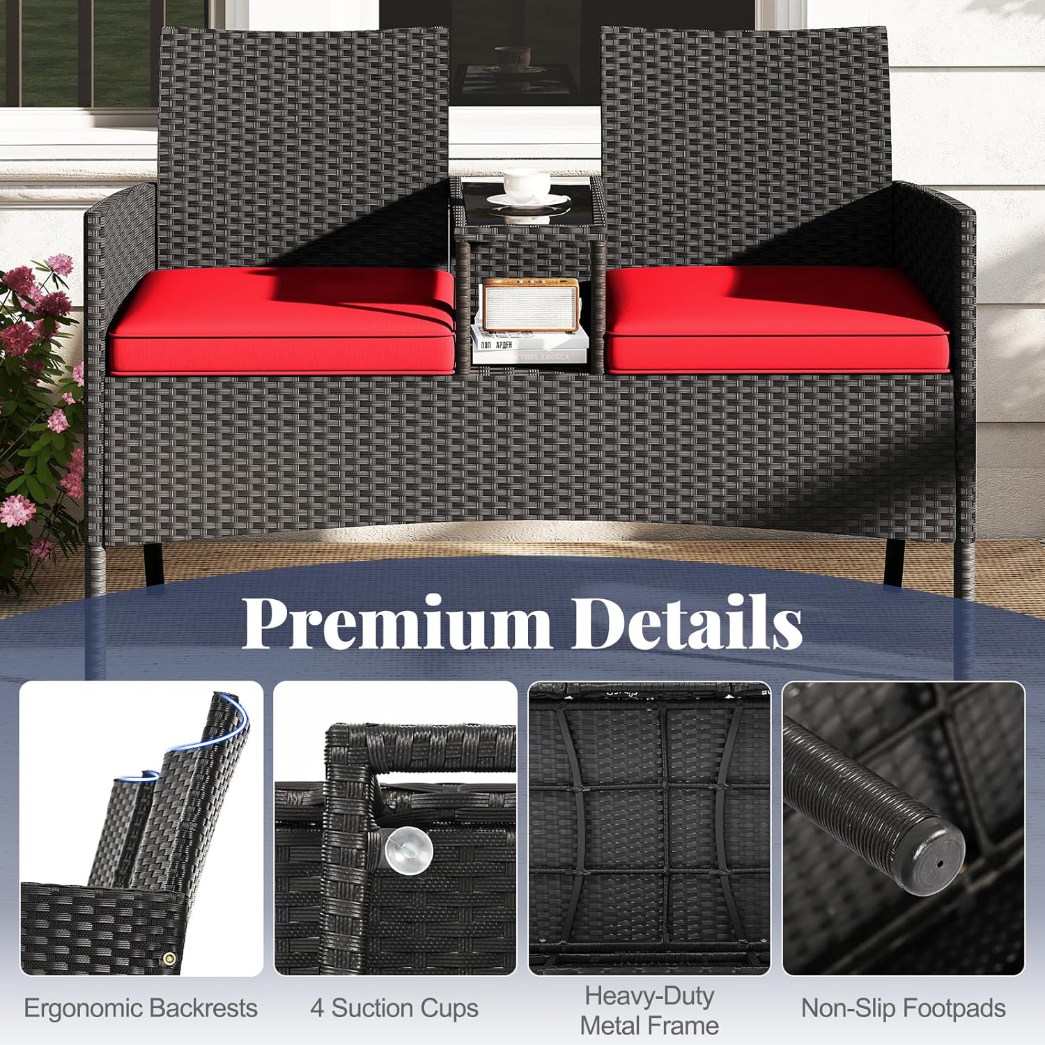 Tangkula Patio Loveseat with Built-in Table, Wicker 2-Seat Furniture with Soft Cushions & Tempered Glass Tabletop, Metal Frame Outdoor Conversation Seating Bench for Backyard, Porch