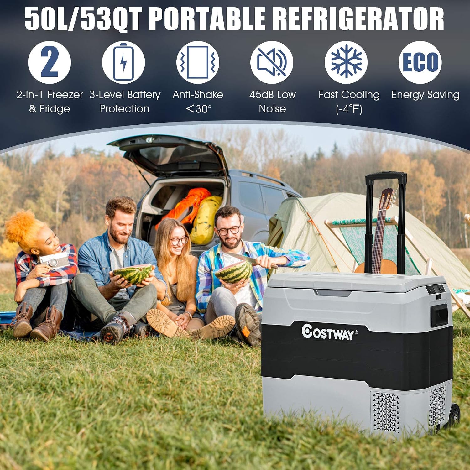 COSTWAY Car Refrigerator with Wheels, 42-Quart Dual-zone Electric Cooler with Telescopic Handle, 12V/24V DC, 100-240V AC, -4°F To 50°F, Portable Fridge Freezer for RV Camping Travel, Grey+Black