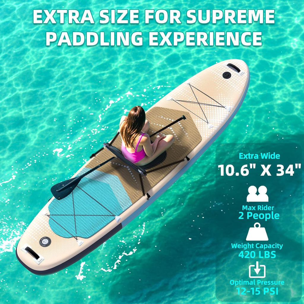 Inflatable 10.5' Stand Up Paddle Board with Strapped Seat, Premium SUP Board Kit, Includes Paddle, Pump, Backpack, Waterproof Bag, Perfect for Yoga, Fishing, and Surfing, Orange & Blue