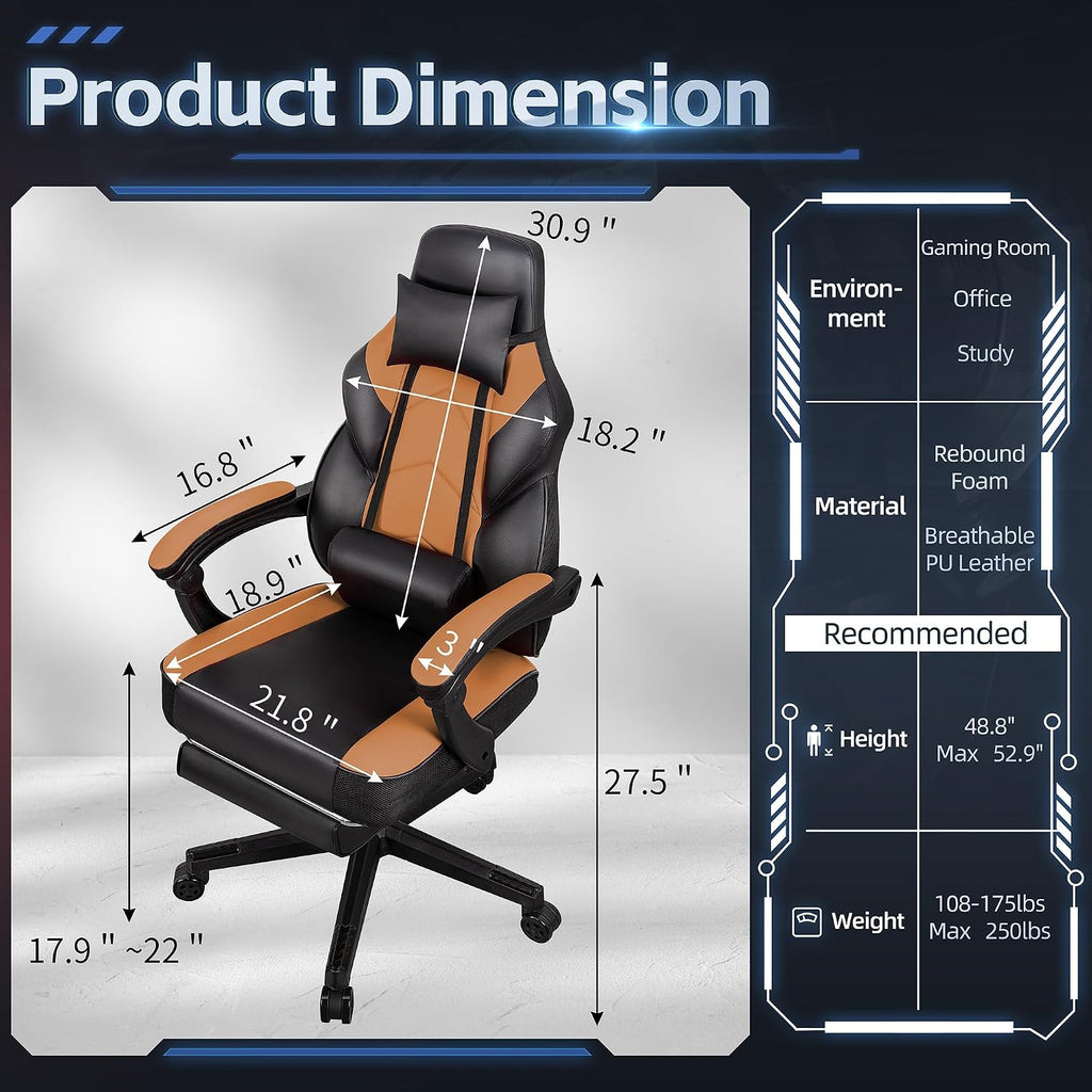 SUNLEI Gaming Chair for Adults, Ergonomic PU Leather Office Chair with Headrest & Footrest, Video Game Chairs with Massage Lumbar Support, Height Adjustable Computer Chair with 360° Swivel, Walnut Red