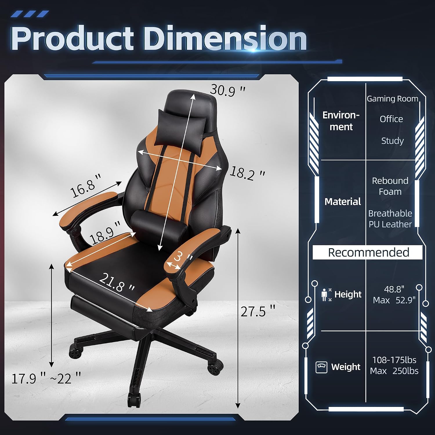SUNLEI Gaming Chair for Adults, Ergonomic PU Leather Office Chair with Headrest & Footrest, Video Game Chairs with Massage Lumbar Support, Height Adjustable Computer Chair with 360° Swivel, Walnut Red