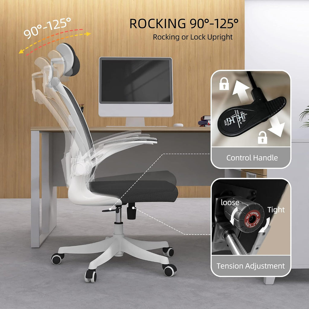 Monhey Office Chair, Ergonomic Office Chair with Lumbar Support & 3D Headrest & Flip Up Arms Home Office Desk Chairs Rockable Computer Chair Multi-Angle from 90° to 130° with 350LBS CapacityChair