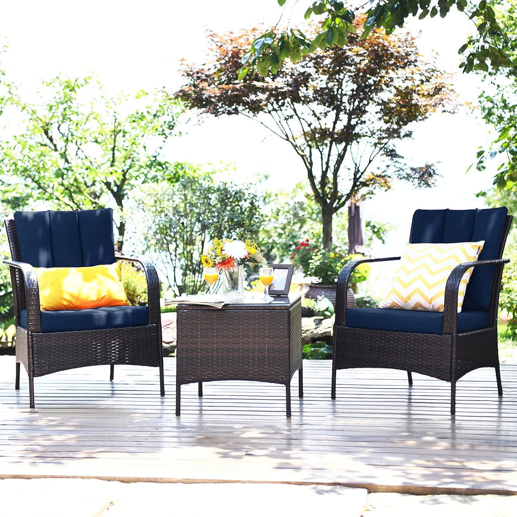 COSTWAY 3 Pieces Patio Rattan Furniture Set, Outdoor Conversation Chair Set with Coffee Table & 2 Cushions for Backyard, Porch, Poolside, Lawn, Garden, Navy