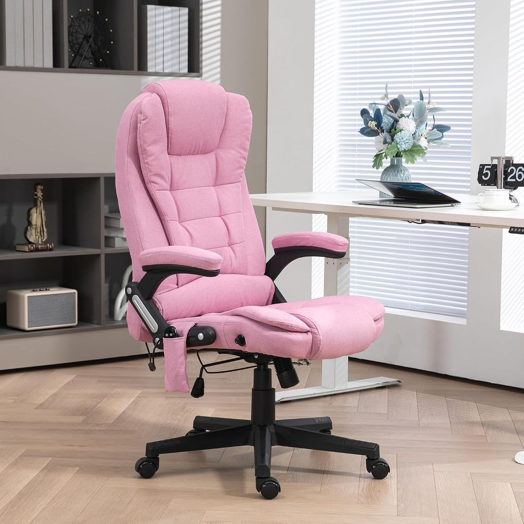 Vinsetto 6 Point Vibrating Massage Office Chair with Heat, Linen High Back Executive Office Chair with Reclining Backrest, Padded Armrests and Remote, Pink