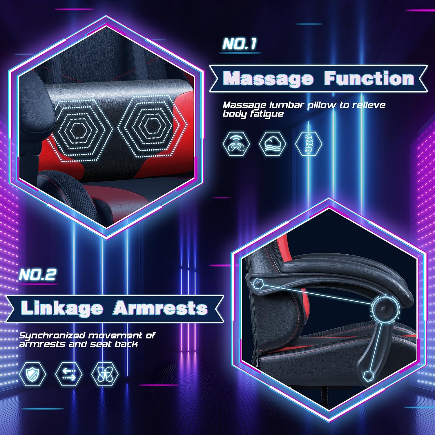 Shahoo Gaming Chair with LED Lights, Footrest and Massage Lumbar Support, Ergonomic Computer Seat Height Adjustable with 360°Swivel and Headrest, Red with RGB