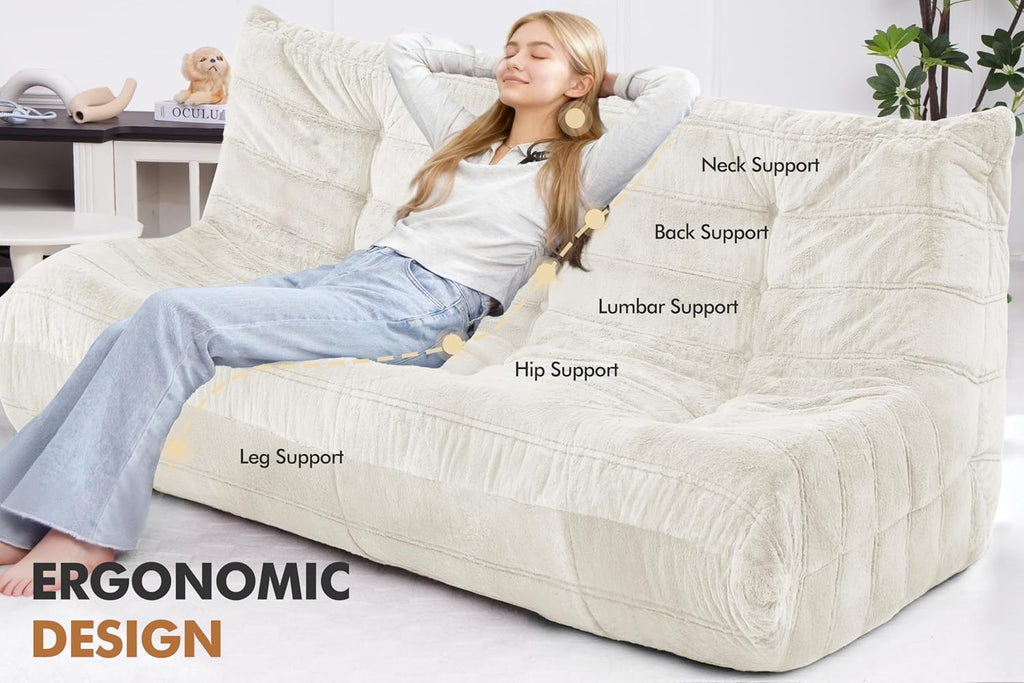 Bean Bag 3-Seater Chair Big Sofa Beanbag Chair for Adults Fireside Chair Bean Bag Lounger with Memory Foam Filled for Home,Apartment or Gaming Venue（Beige Plush）