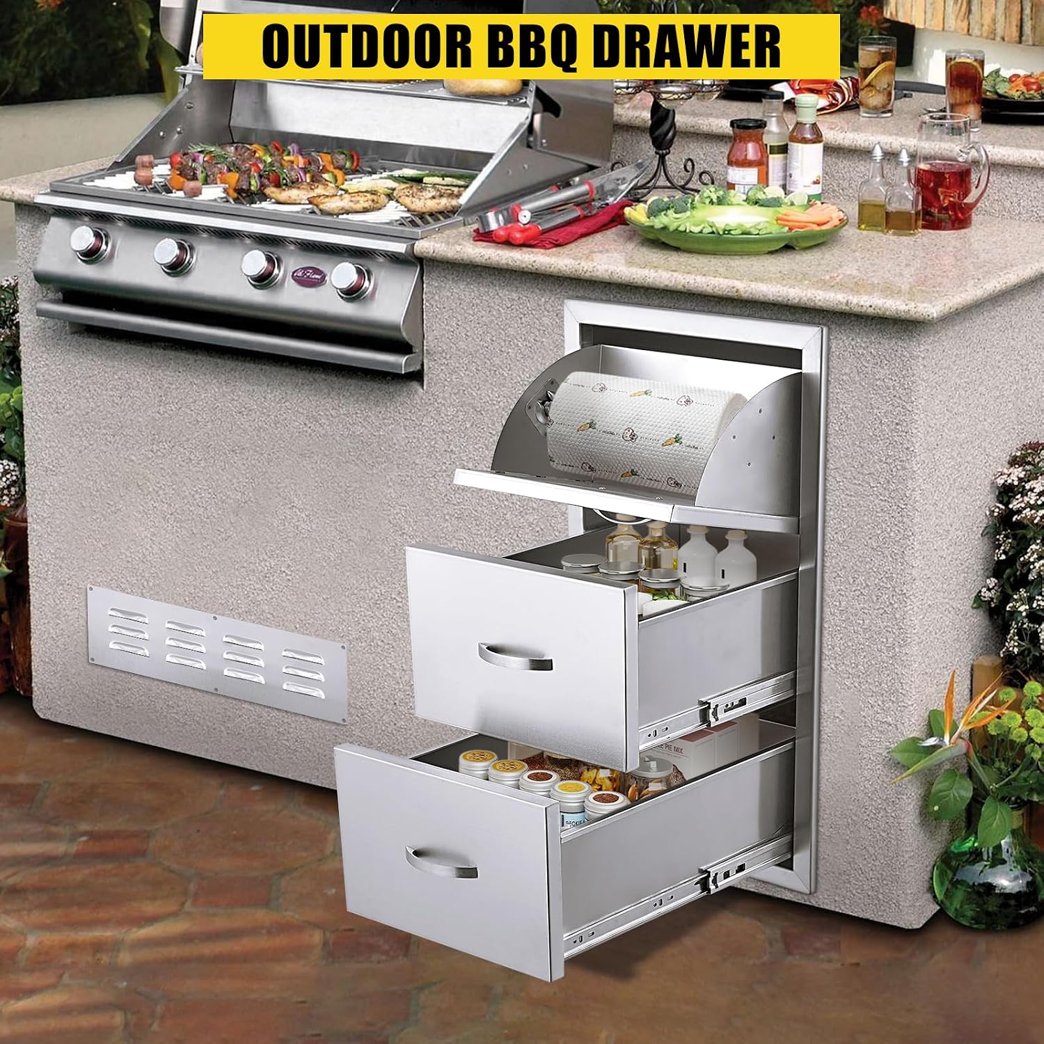 17W x 21D x 30H Inch Outdoor Kitchen Drawers Stainless Steel, Flush Mount Triple Drawers with Stainless Steel Handle, Venting Panel Weatherproof for Kitchen Island Patio, Grill Station