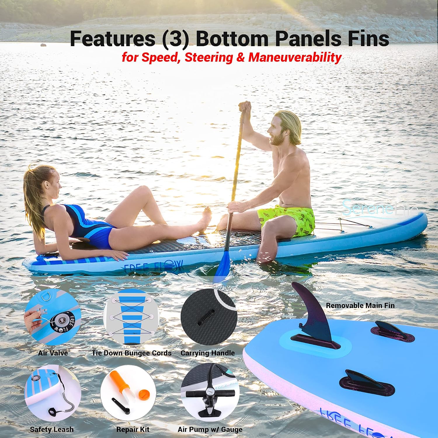 SereneLife 10' Inflatable Stand Up Paddle Board 2-Pack with Premium SUP Accessories – 32' Wide Stable Design with Non-Slip EVA Deck Pad for Youth and Adults, 350 lbs. Capacity Each