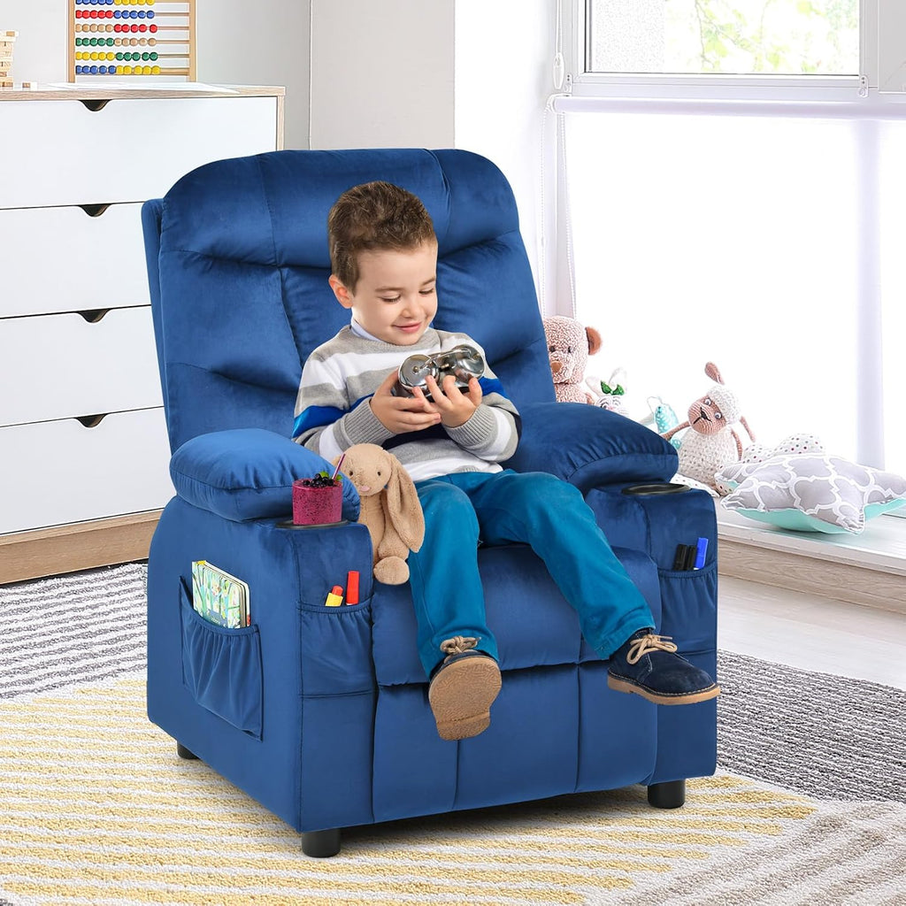 MAT EXPERT Kids Recliner, Velvet Adjustable Reading Chair w/ 2 Cup Holder, 3 Side Pocket Storage & Footrest, Kids Couch Gaming Chair, Toddler Lounge Chair for Boys Girls, Kids Room Playroom (Blue)
