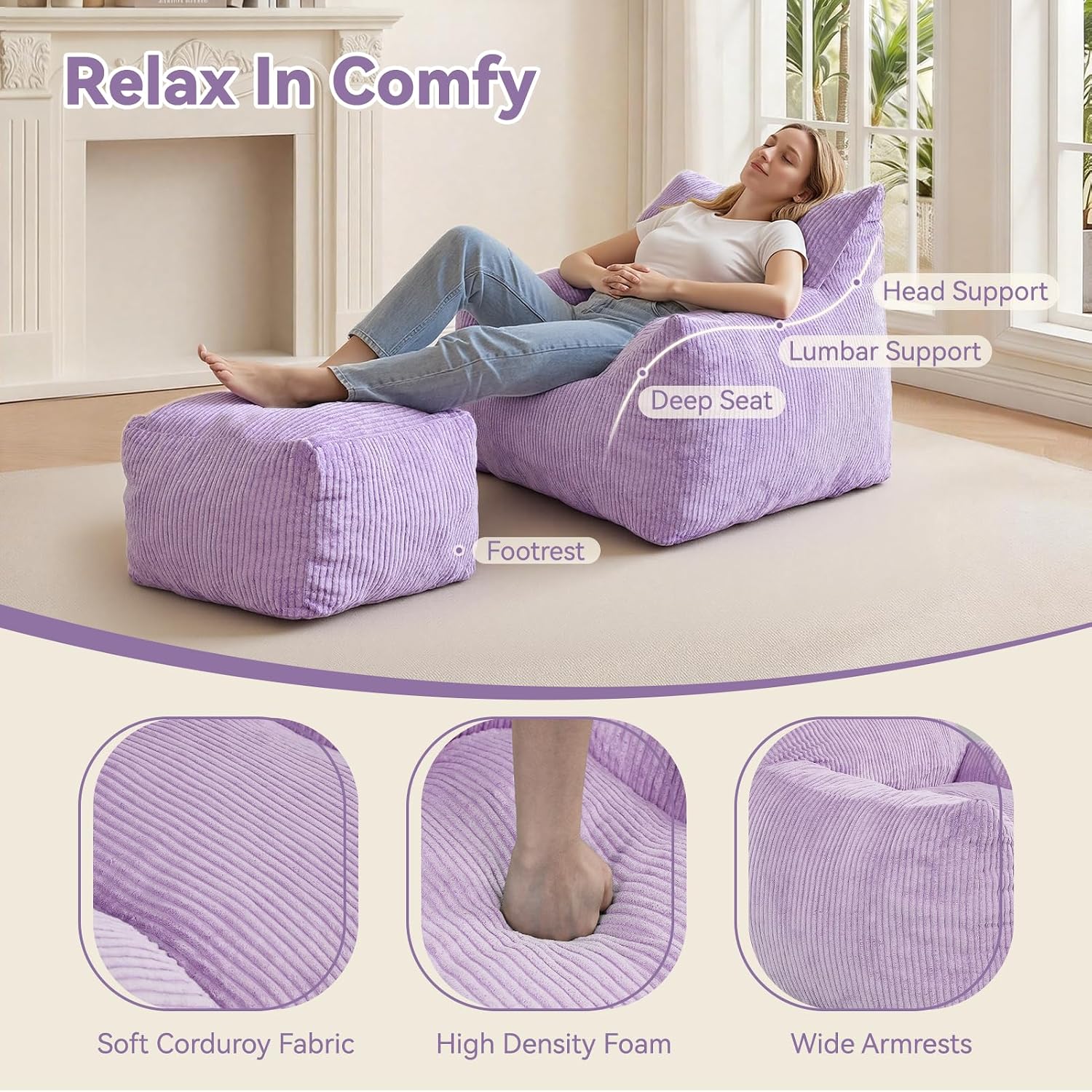 Bean Bag Chair with Ottoman, Oversized Cloud Boneless Couch, Memory Foam Beanbag Set for Adults & Teens, Plush Corduroy Comfy Chair for Bedroom, Dorm, Living Room, Gaming & Reading Nook (Purple)