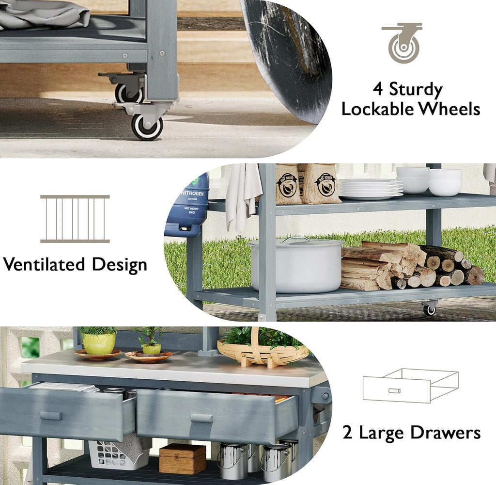 H Outdoor Potting Bench Table with Lockable Wheels, Solid Wood Outdoor Kitchen Island with Upper Hutch, Stainless Steel Top, Storage for Grilling, Lawn & Garden (Grey+Blue/F, 64.9')