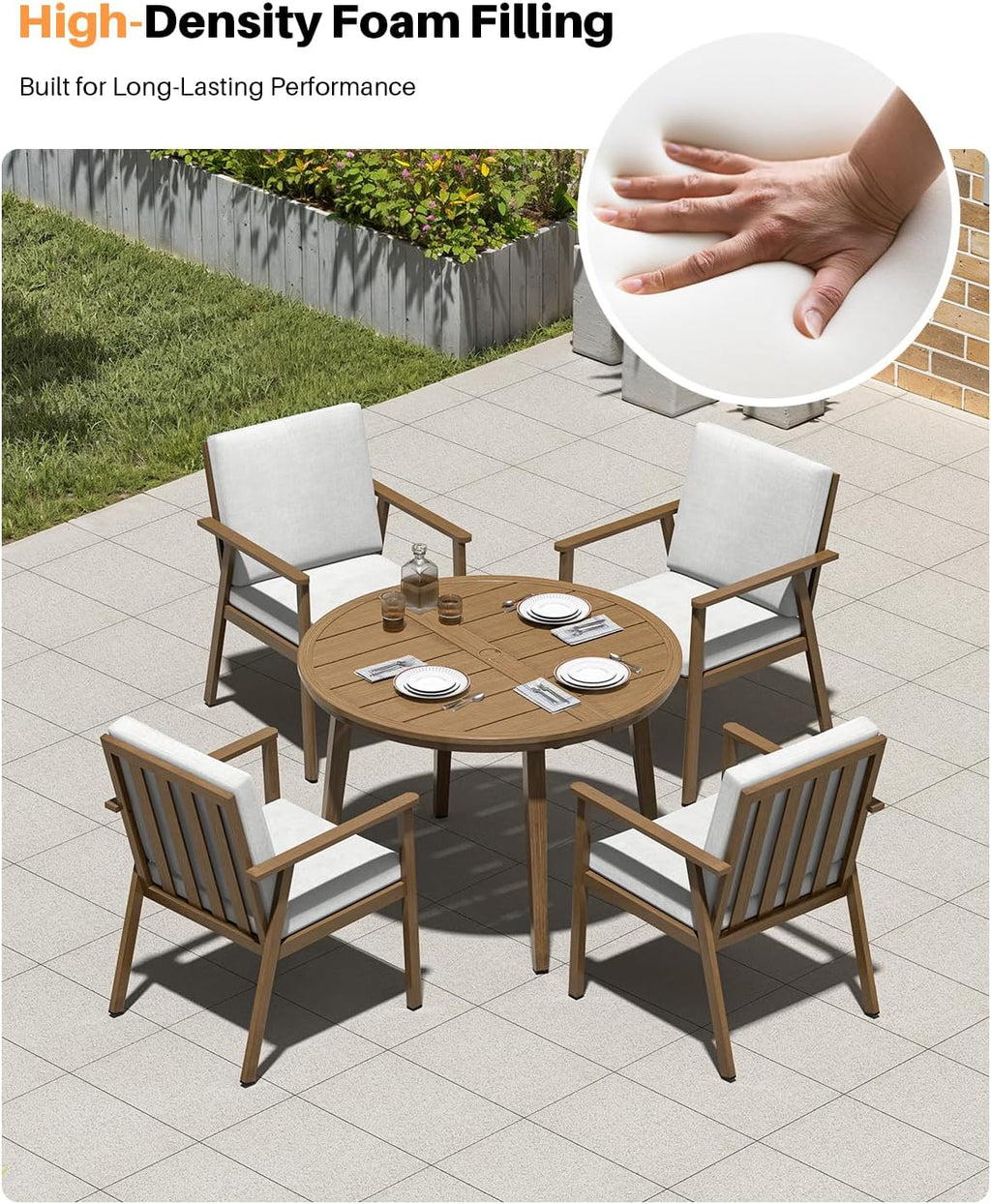 5-Piece Outdoor Patio Dining Set, Aluminum Round Dining Table with 4 Dining Chairs, Never-Rust Round Outdoor Dining Set, Patio Dining Table Set for Yard, Deck, Garden, Teak