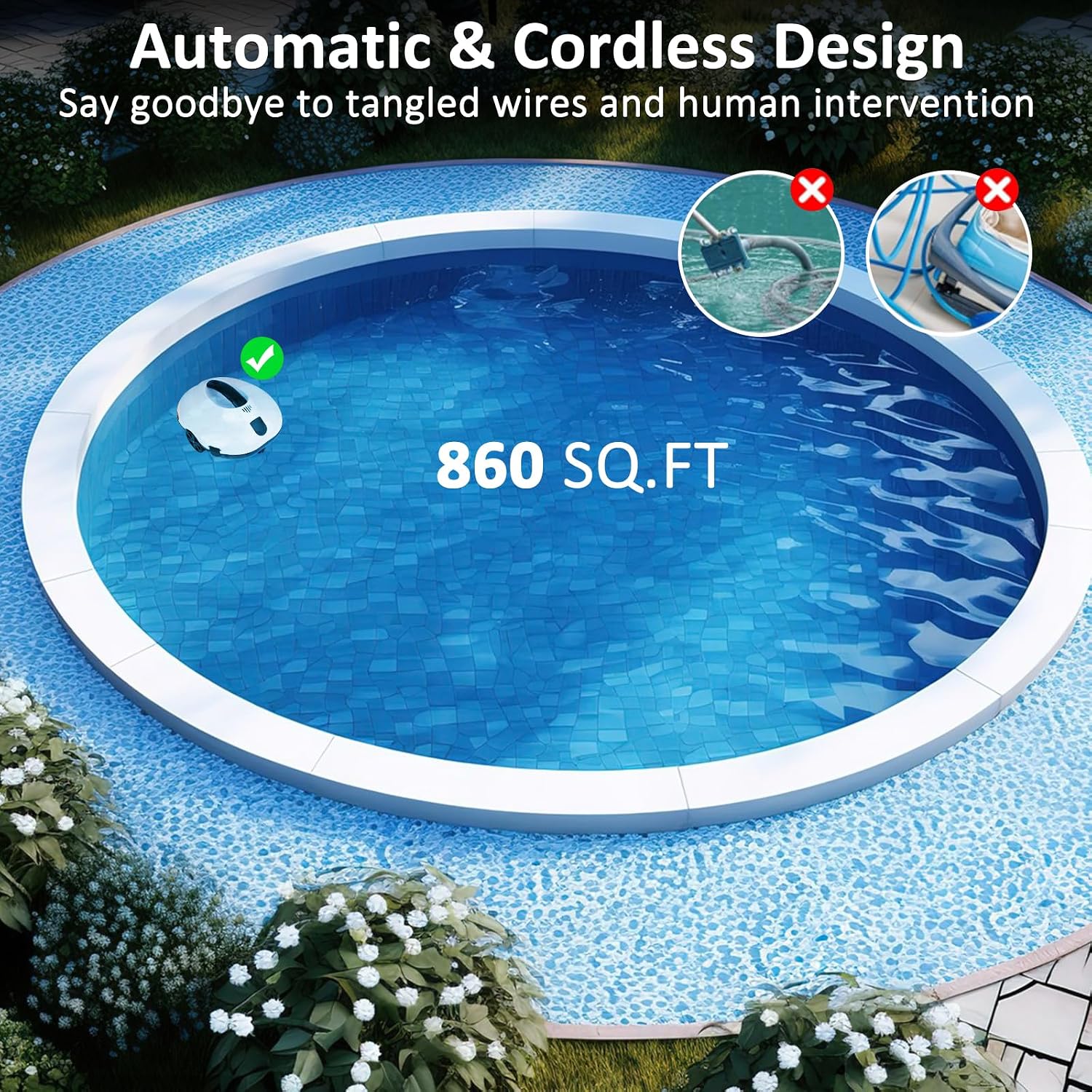 130 Mins Runtime Cordless Robotic Pool Cleaner Portable Lightweight Automatic Vacuum Self-Parking 5200mAH Fast Charging Powerful for Above-Ground Swimming Pool up to 861Sq.ft (White)