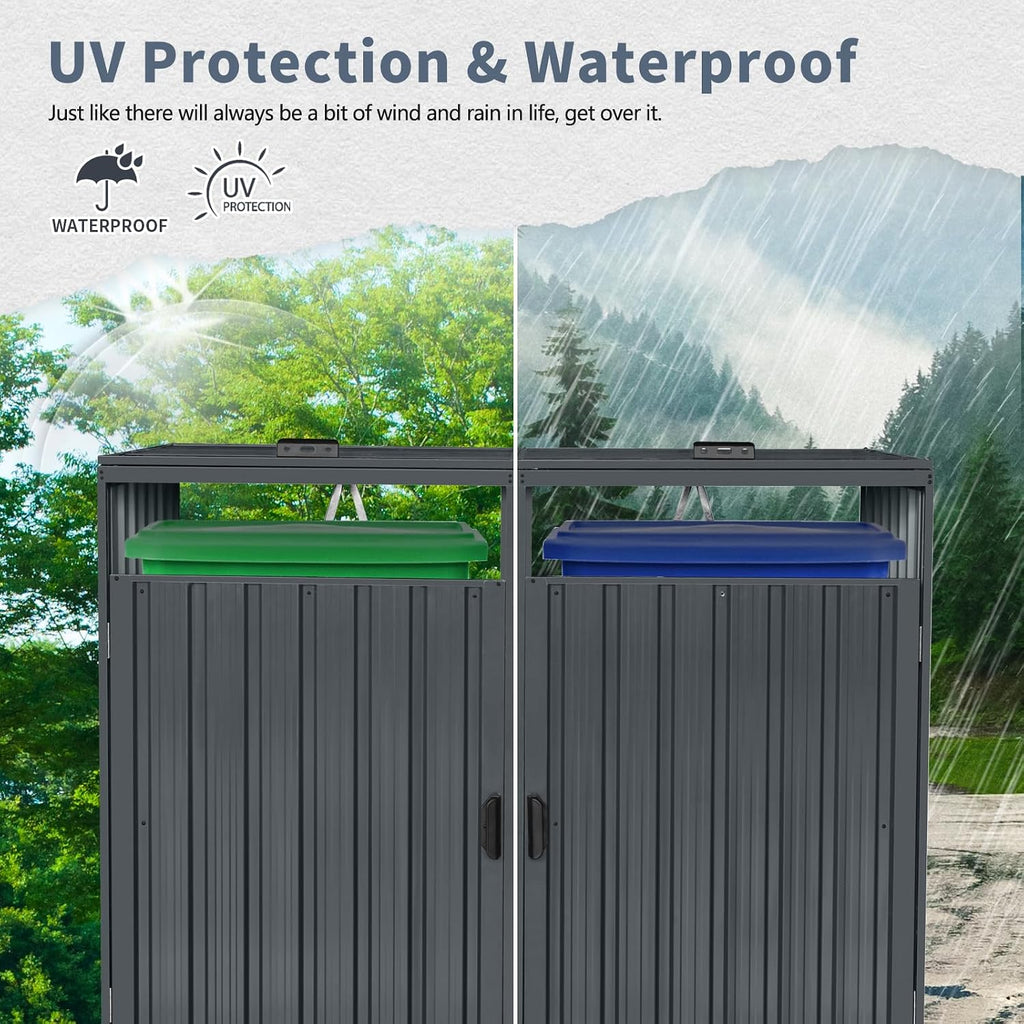 Outdoor Garbage Bin Storage Shed Galvanized Steel Outdoor for 2 Trash cans with Lockable Doors Metal Storage Shed for Garden Yard Lawn (Black-2)