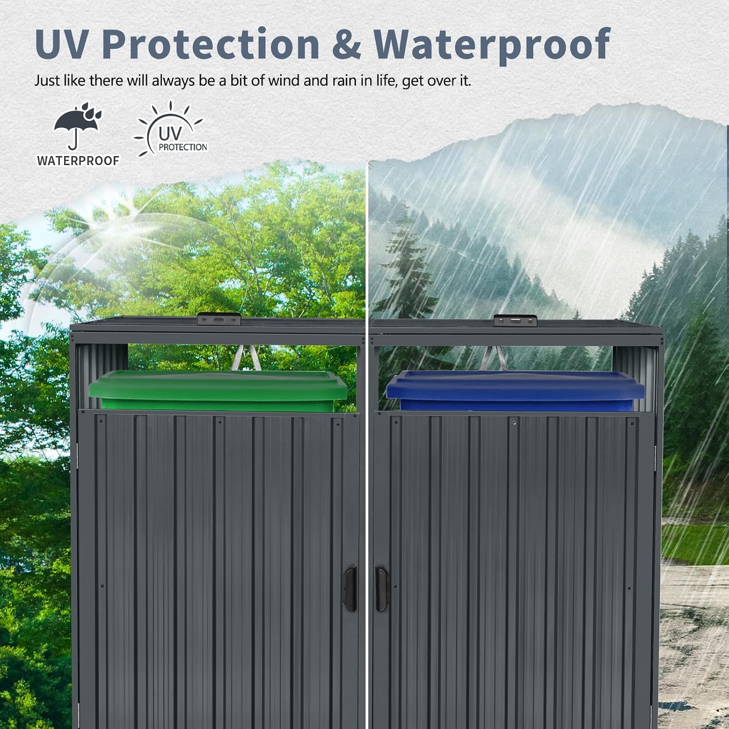 Outdoor Garbage Bin Storage Shed Galvanized Steel Outdoor for 2 Trash cans with Lockable Doors Metal Storage Shed for Garden Yard Lawn (Black-2)