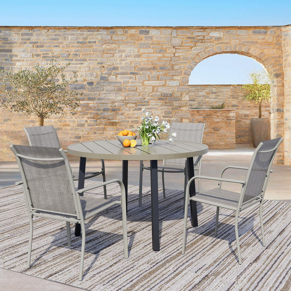 5 Pieces Patio Dining Set for 4, Grey Patio Stackable Chairs and Honey Oak Round Table Set of 4, Outdoor Furniture Set with Sling Support for Outside, Garden