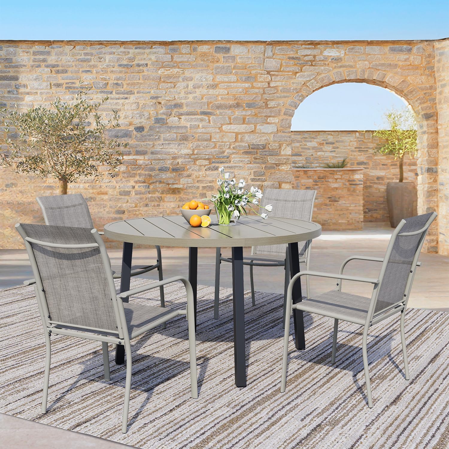 5 Pieces Patio Dining Set for 4, Grey Patio Stackable Chairs and Honey Oak Round Table Set of 4, Outdoor Furniture Set with Sling Support for Outside, Garden