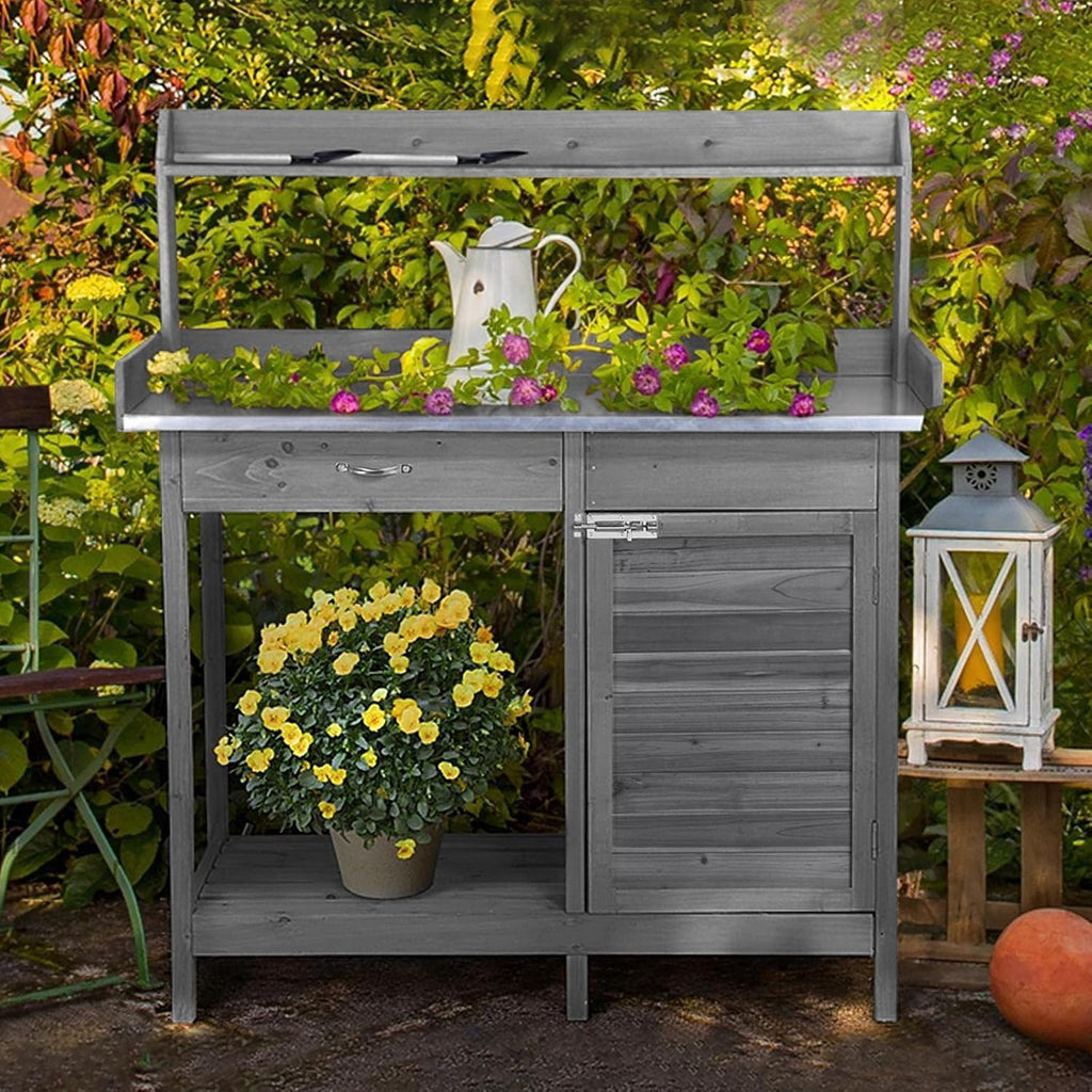 Topeakmart Garden Potting Bench Wooden Workstation Outdoor Wooden Potting Table W/Top Shelf & Lower Shelf & Cabinet Drawer & Open Shelf Gray