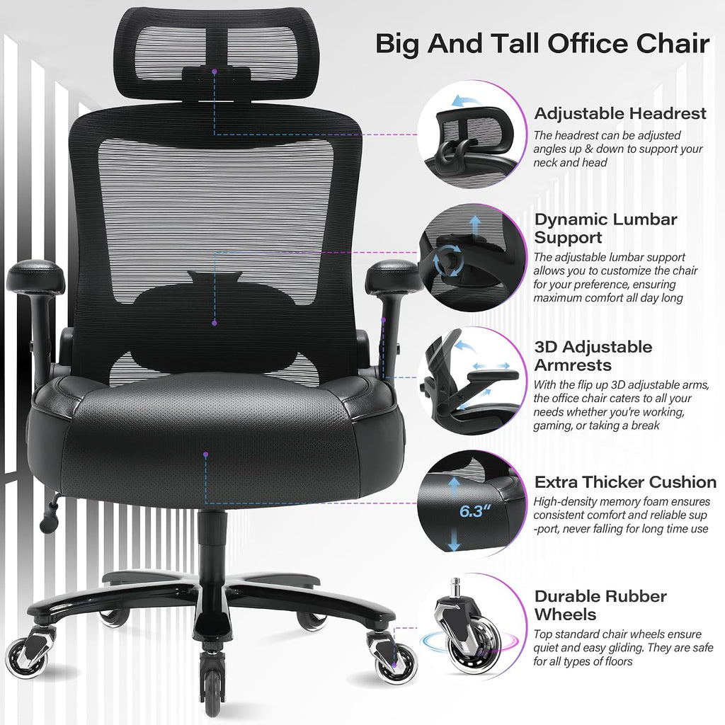 Big and Tall Office Chair 600lbs with 3D Flip Arms Adjustable Headrest - Heavy Duty Large Wheels Executive Computer Desk Chair, Ergonomic Lumbar Support Mesh High Back Plus Size Chair for Adults