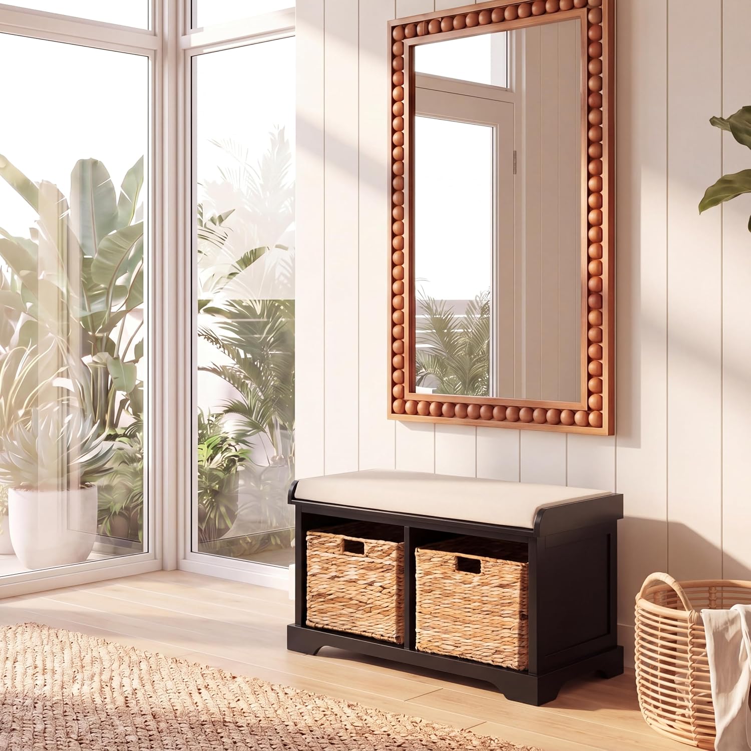 SAFAVIEH Home Collection – Freddy Black Storage Bench with Wicker Baskets & Cushion, Entryway Seating Bench, Fully Assembled (AMH5736B)