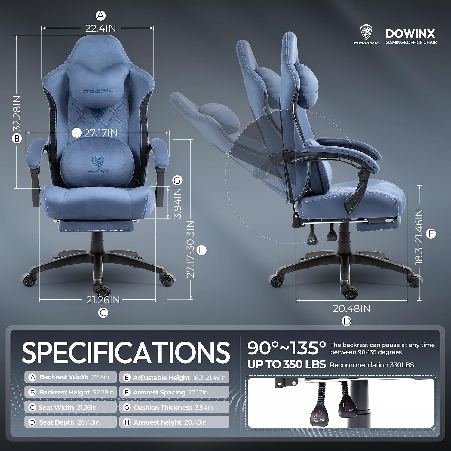 Dowinx Fabric Gaming Chair with Heated Massage Lumbar Support, Computer Game Chairs for Adults, Big Tall Gamer Chair with Pocket Spring Cushion and Footrest, Recliner Gaming Chairs for Adult,Blue