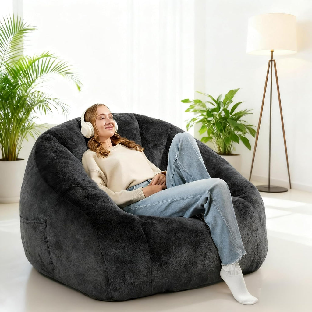 Giant Bean Bag Chair for Adults and Kids, Oversized BeanBag Couch Filler with Memory Foam, Faux Fur Shell-Shaped Boneless Chair for Reading, Stuffed Big Accent Sofa Living Room, Black