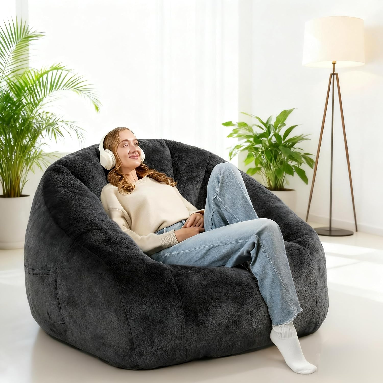 Giant Bean Bag Chair for Adults and Kids, Oversized BeanBag Couch Filler with Memory Foam, Faux Fur Shell-Shaped Boneless Chair for Reading, Stuffed Big Accent Sofa Living Room, Black
