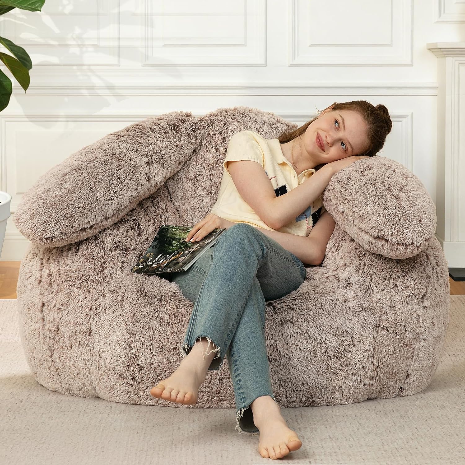 Achicsofar Bean Bag Chair for Adults Kids Giant Fluffy Plush Bean Bag Sofa with Filler Faux Fur Rabbit Shaped Beanbag Chairs Comfy Accent Floor Couch for Gaming, Reading in Bedroom, Living Room, Dorm