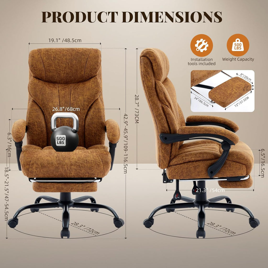 Comfortable Office Desk Chair 500 LBS, Big and Tall Office Chairs with Footrest,90-135°Recline Executive Leather Gaming Chair for Heavy People, Long Hours,Brown