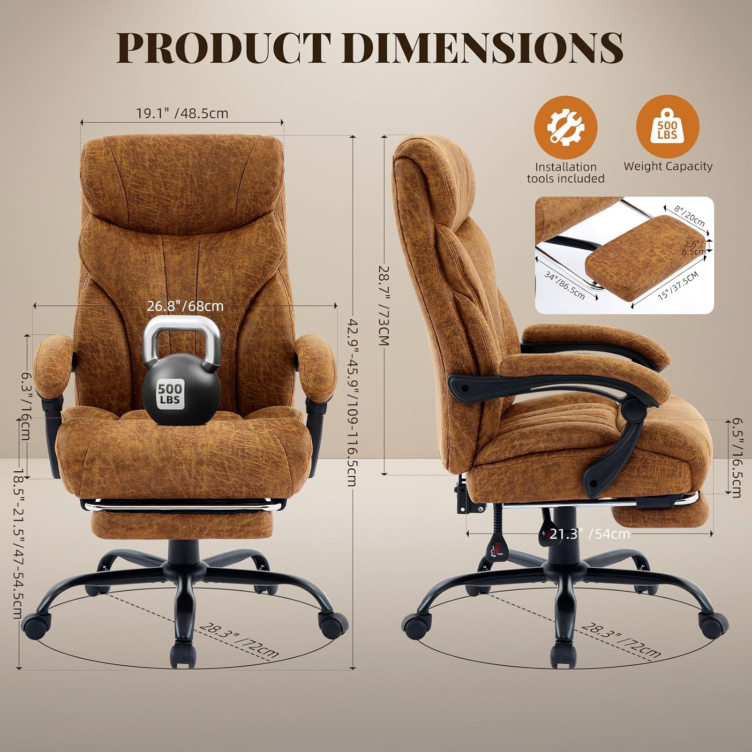 Comfortable Office Desk Chair 500 LBS, Big and Tall Office Chairs with Footrest,90-135°Recline Executive Leather Gaming Chair for Heavy People, Long Hours,Brown