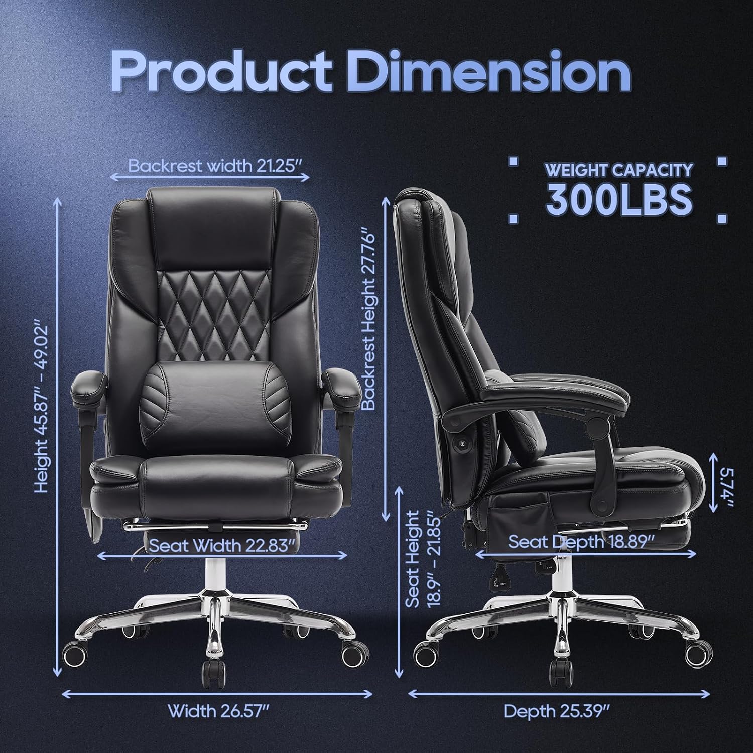 Massage Office Chair with Footrest, High Back Executive Chair, Ergonomic Desk Chair with Removable Pillow, 2 Lumbar Massage Points, Reclining, Leather Computer Chair, Black