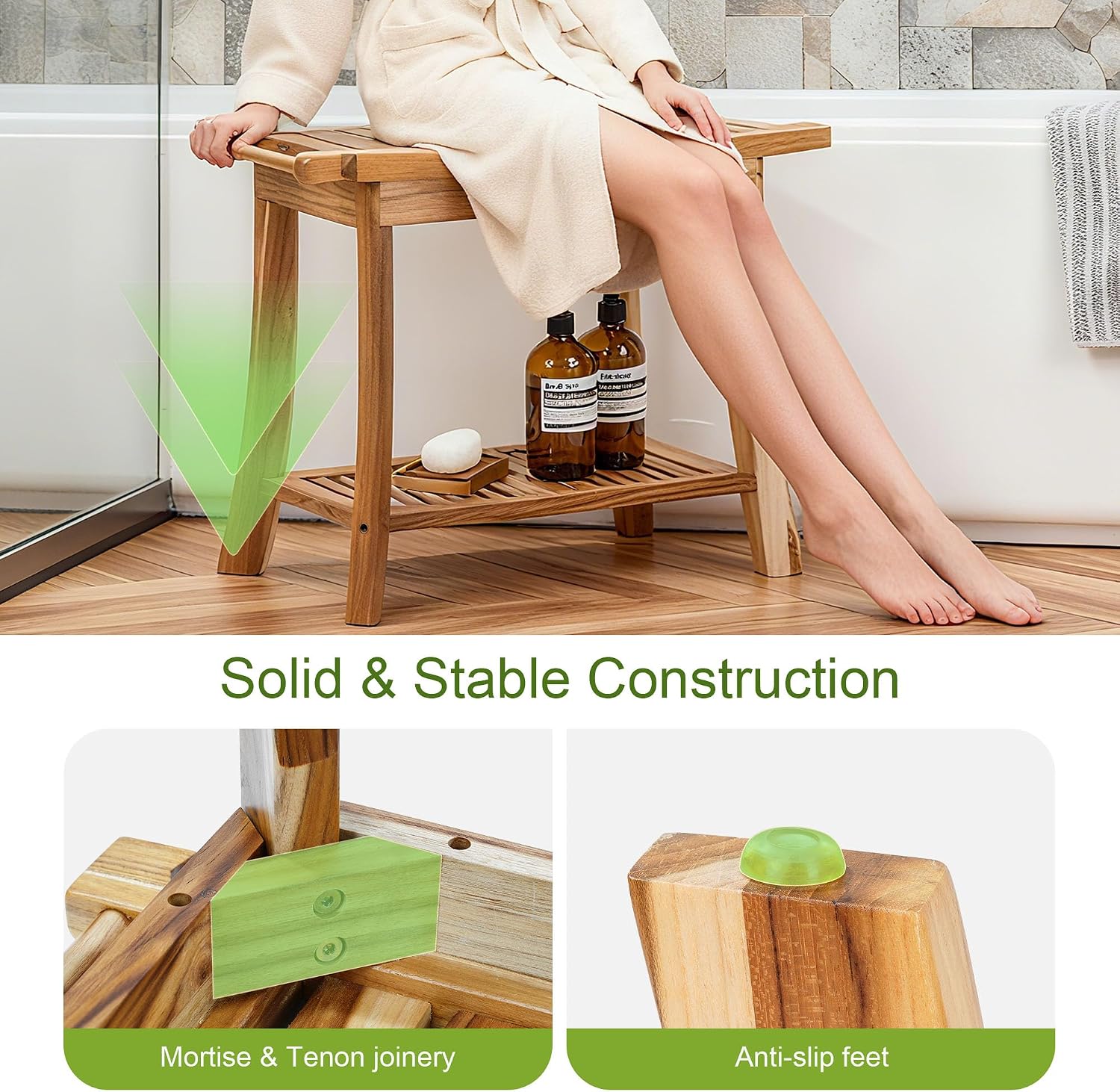 24' Solid Teak Shower Bench with Towel Bar & Storage Shelf - Waterproof Bath Stool with Fixed Non-Slip Feet, 300lbs Capacity