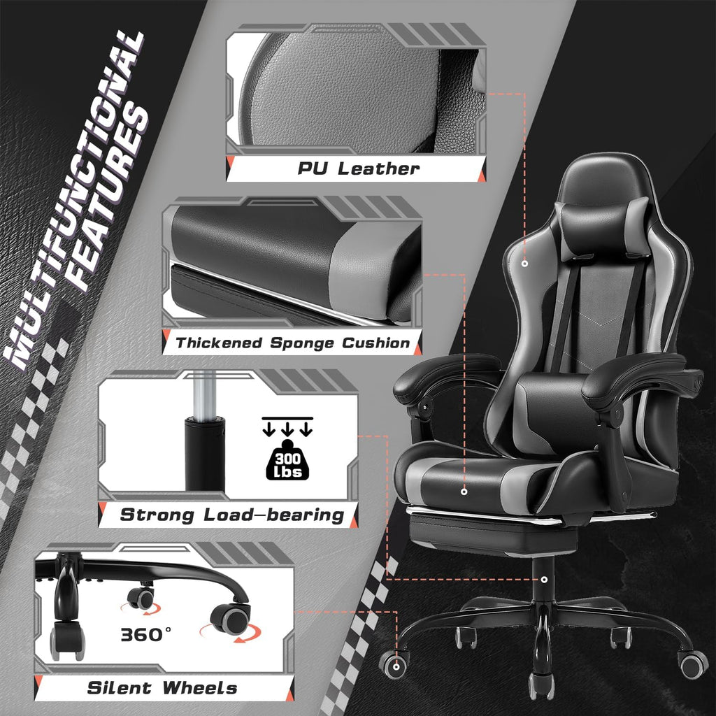 Shahoo Gaming Chair with Footrest and Massage Lumbar Support, Video Racing Seat Height Adjustable with 360°Swivel and Headrest for Office or Bedroom, Grey