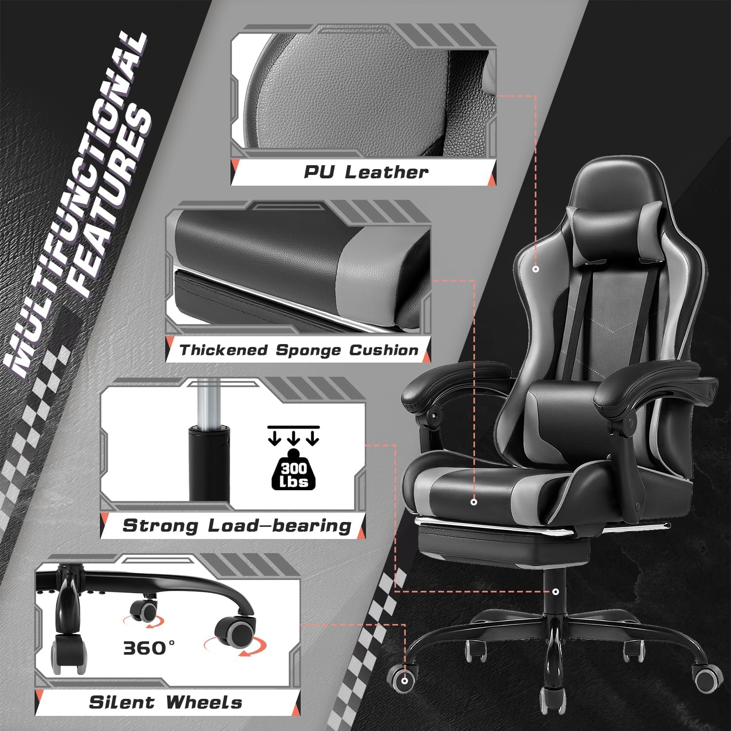Shahoo Gaming Chair with Footrest and Massage Lumbar Support, Video Racing Seat Height Adjustable with 360°Swivel and Headrest for Office or Bedroom, Grey
