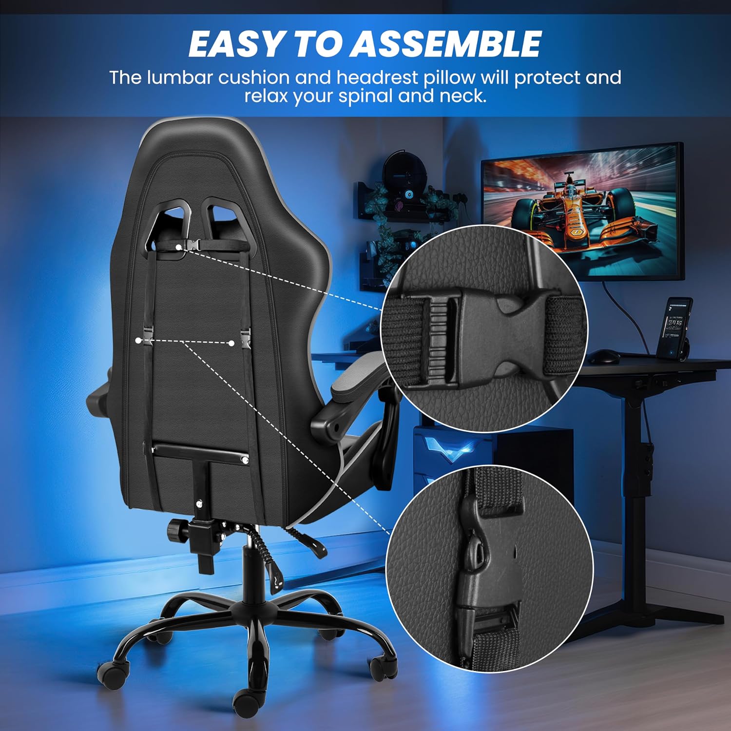 YSSOA Gaming Chair, Computer Chair with Footrest, Height Adjustable & 90°-135° Tilt Function, Swivel Recliner Ergonomic Racing Style Video Game Chair with Lumbar Support (Black/Grey)