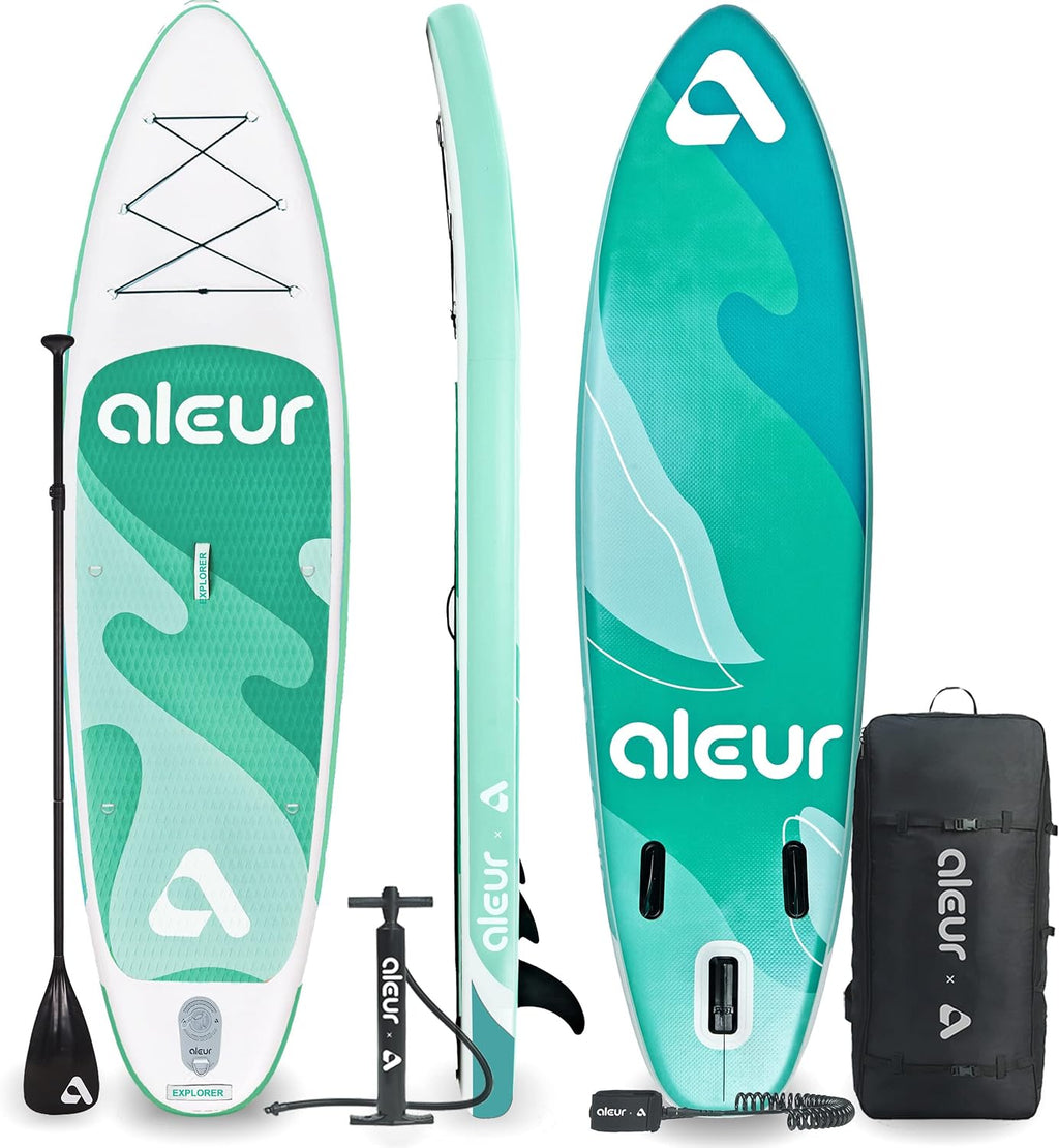 aleur Explorer Inflatable Stand Up Paddle Board Package W Premium SUP Accessories & Backpack, Non-Slip Deck, Leash, Paddle and Hand Pump | Elegant, Fun, Portable,Versatile
